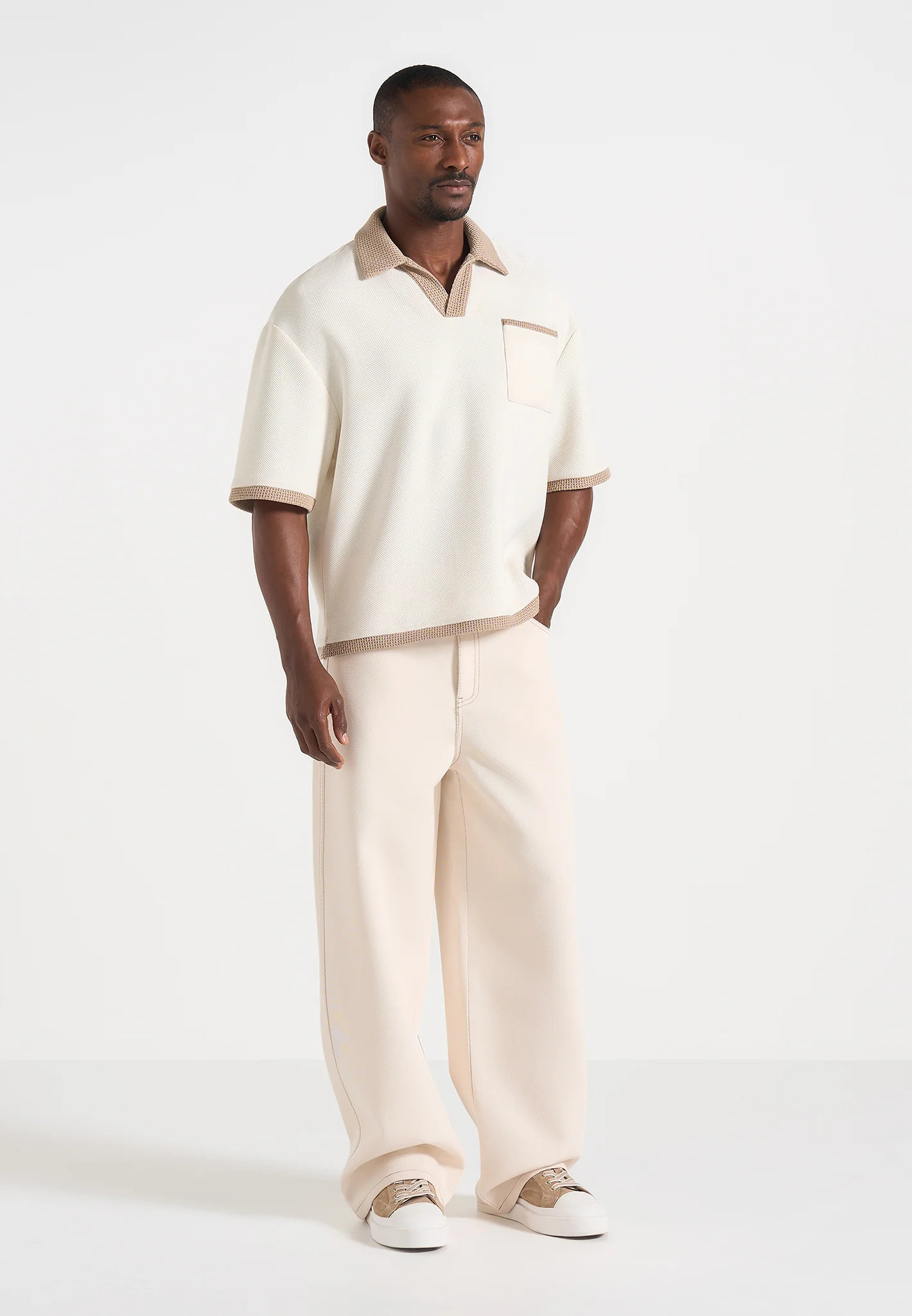 Brice - Boxy Crochet Detail Polo Shirt - Cream