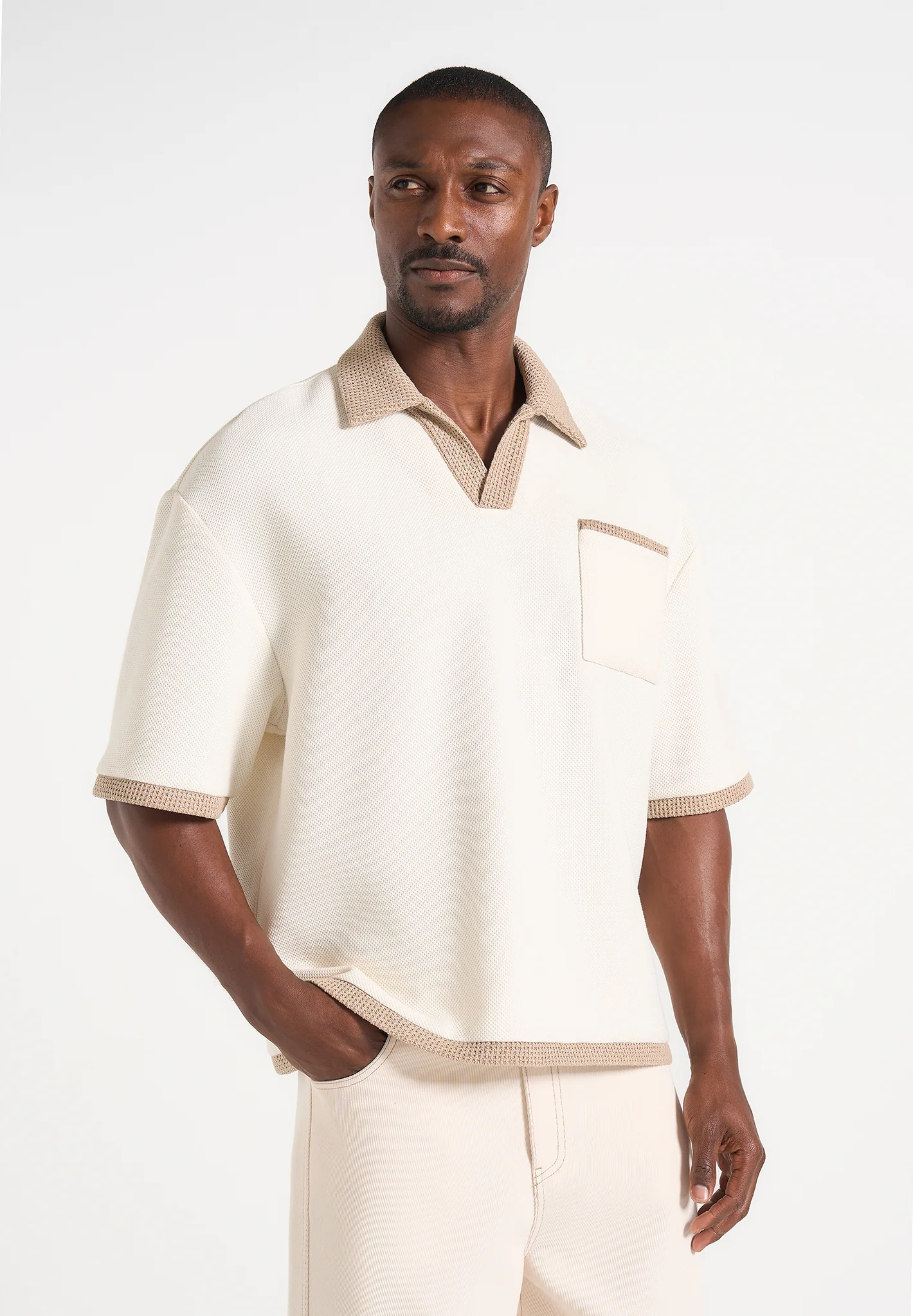 Brice - Boxy Crochet Detail Polo Shirt - Cream - Image 2