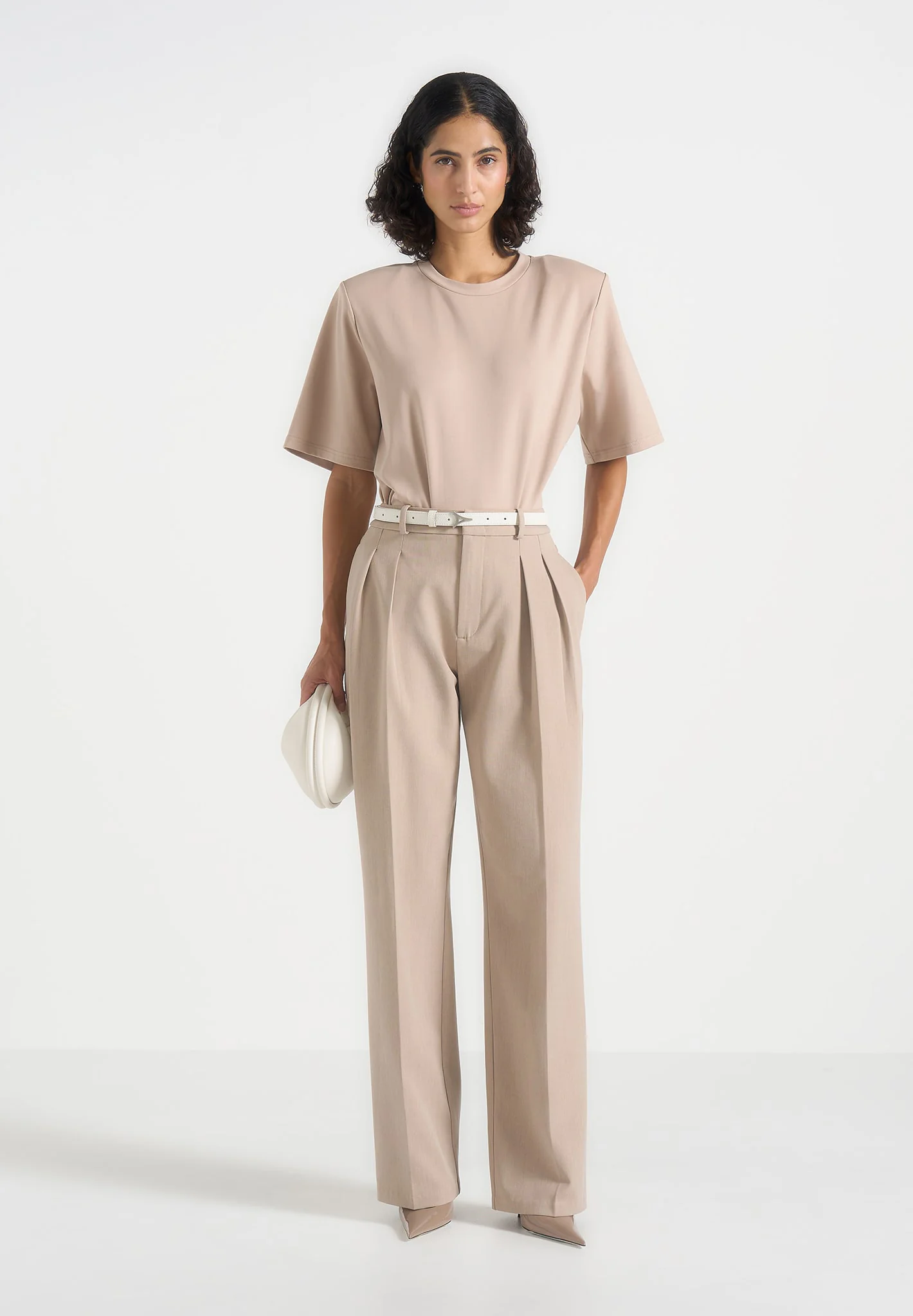 BS002 - Wide Shoulder Bodysuit T-Shirt - Beige - Image 2