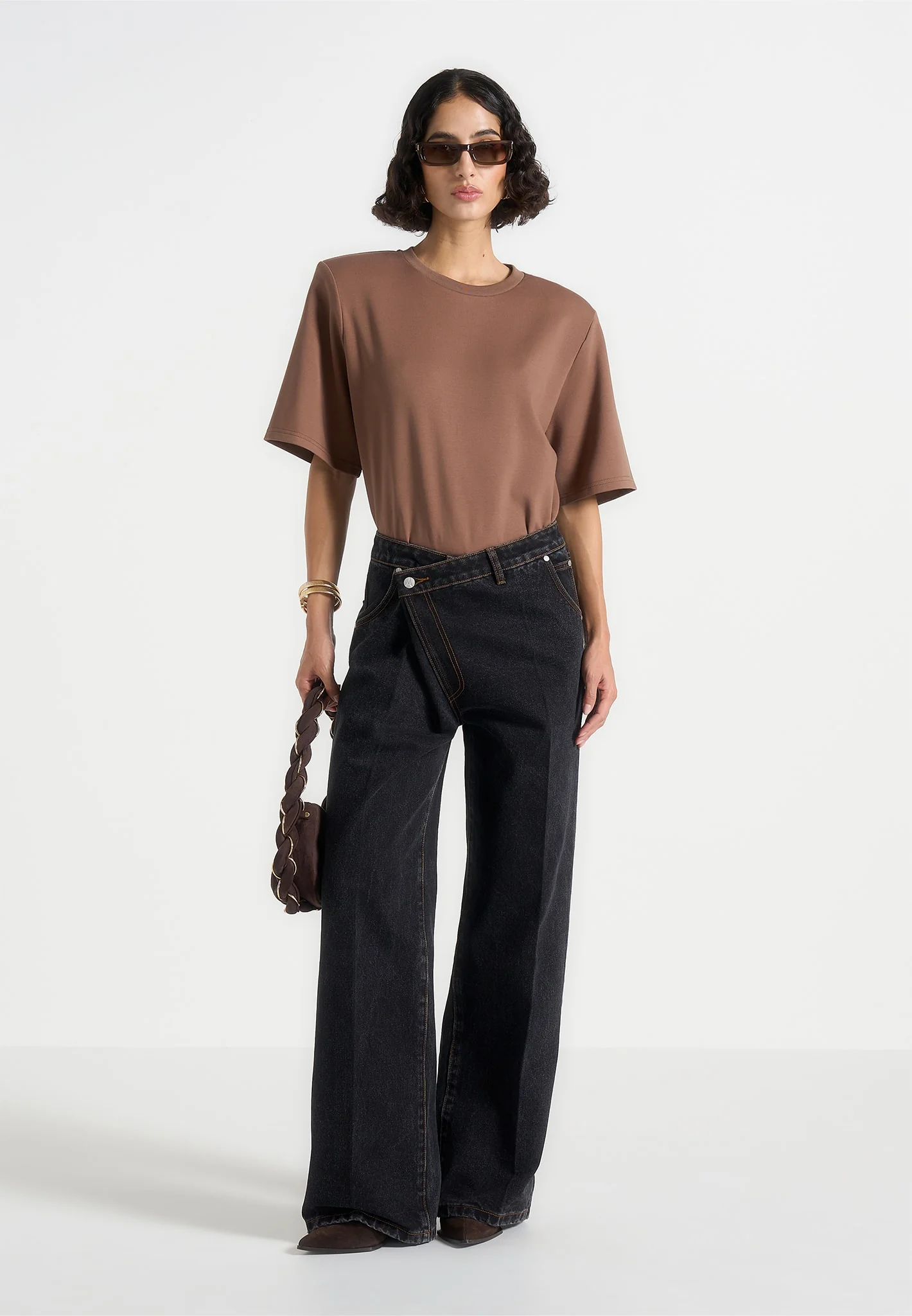 BS002 - Wide Shoulder Bodysuit T-Shirt - Brown