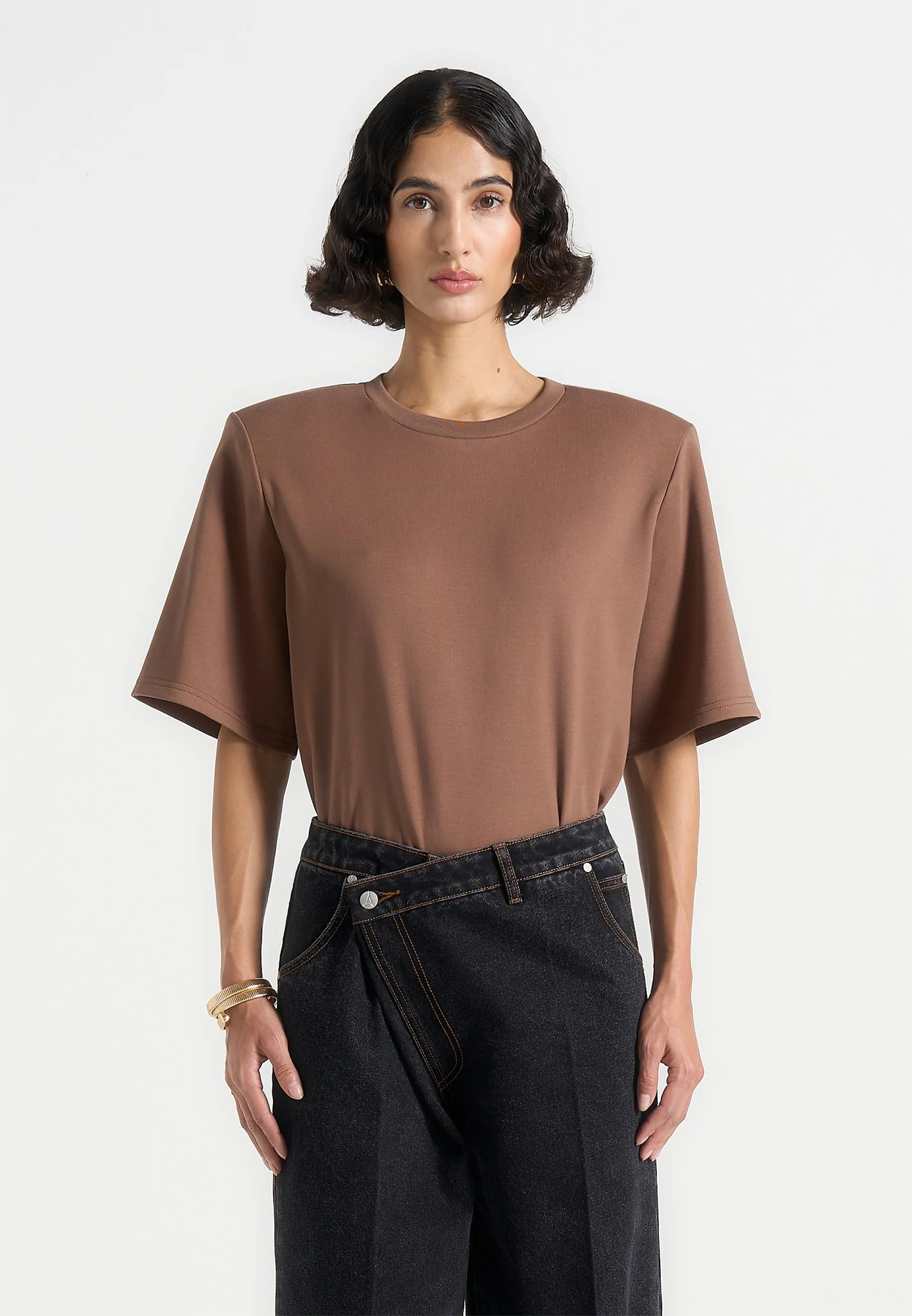 BS002 - Wide Shoulder Bodysuit T-Shirt - Brown - Image 2