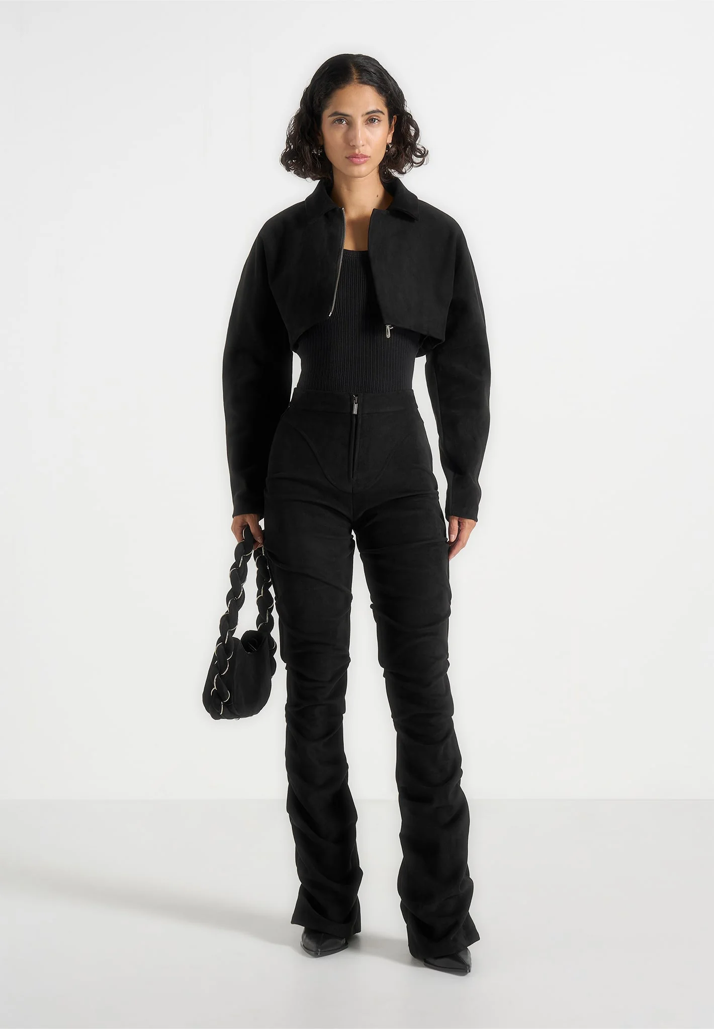Caroline - Tacked Suede Fit & Flare Trousers - Black - Image 2