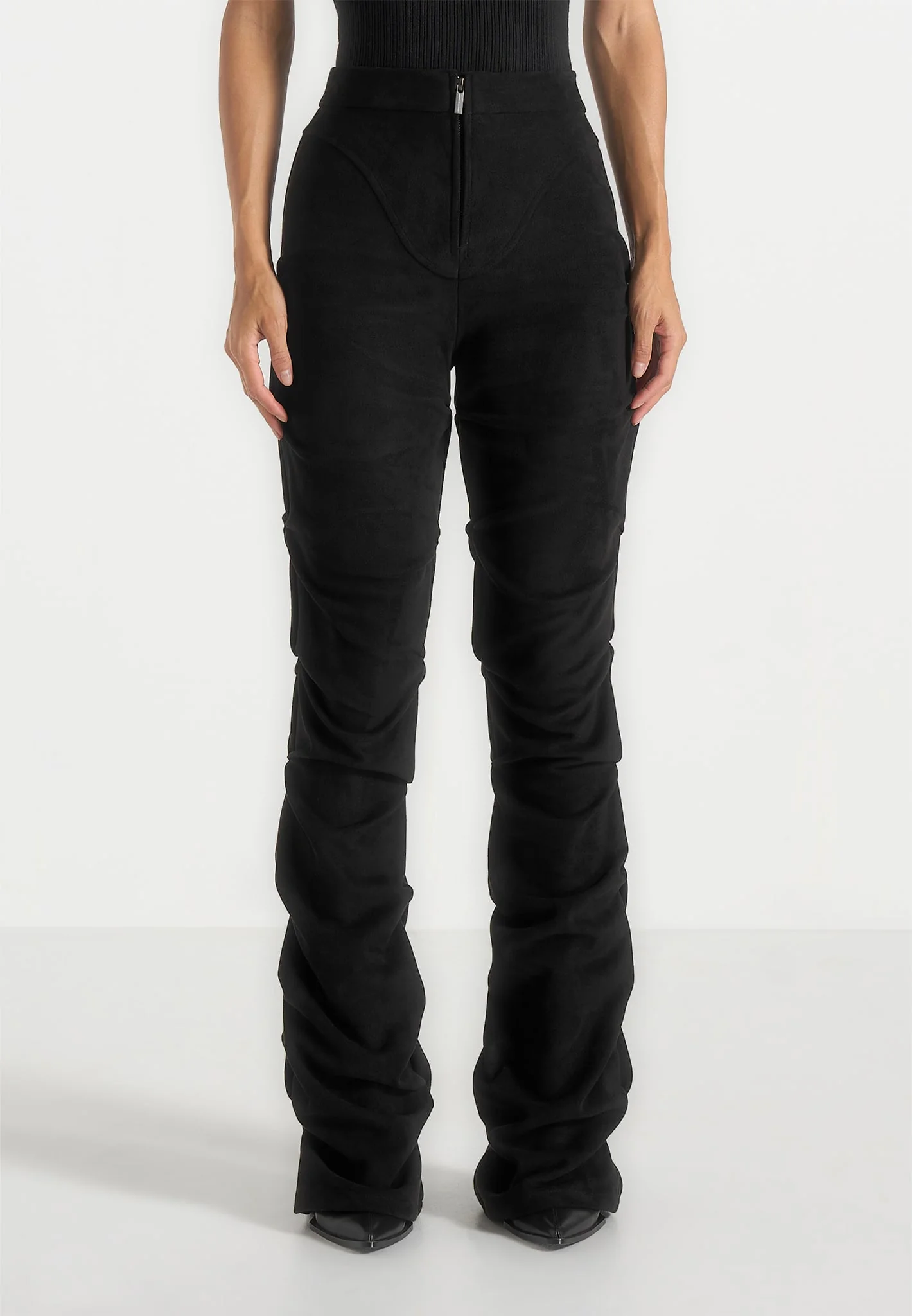 Caroline - Tacked Suede Fit & Flare Trousers - Black - Image 3