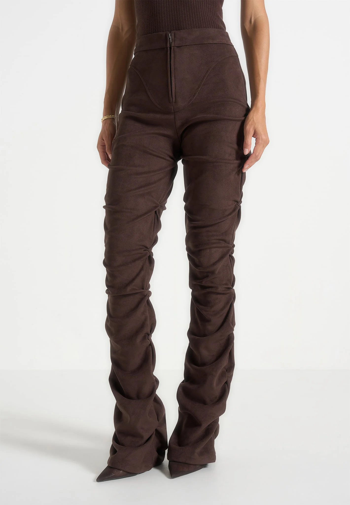 Caroline - Tacked Suede Fit & Flare Trousers - Brown