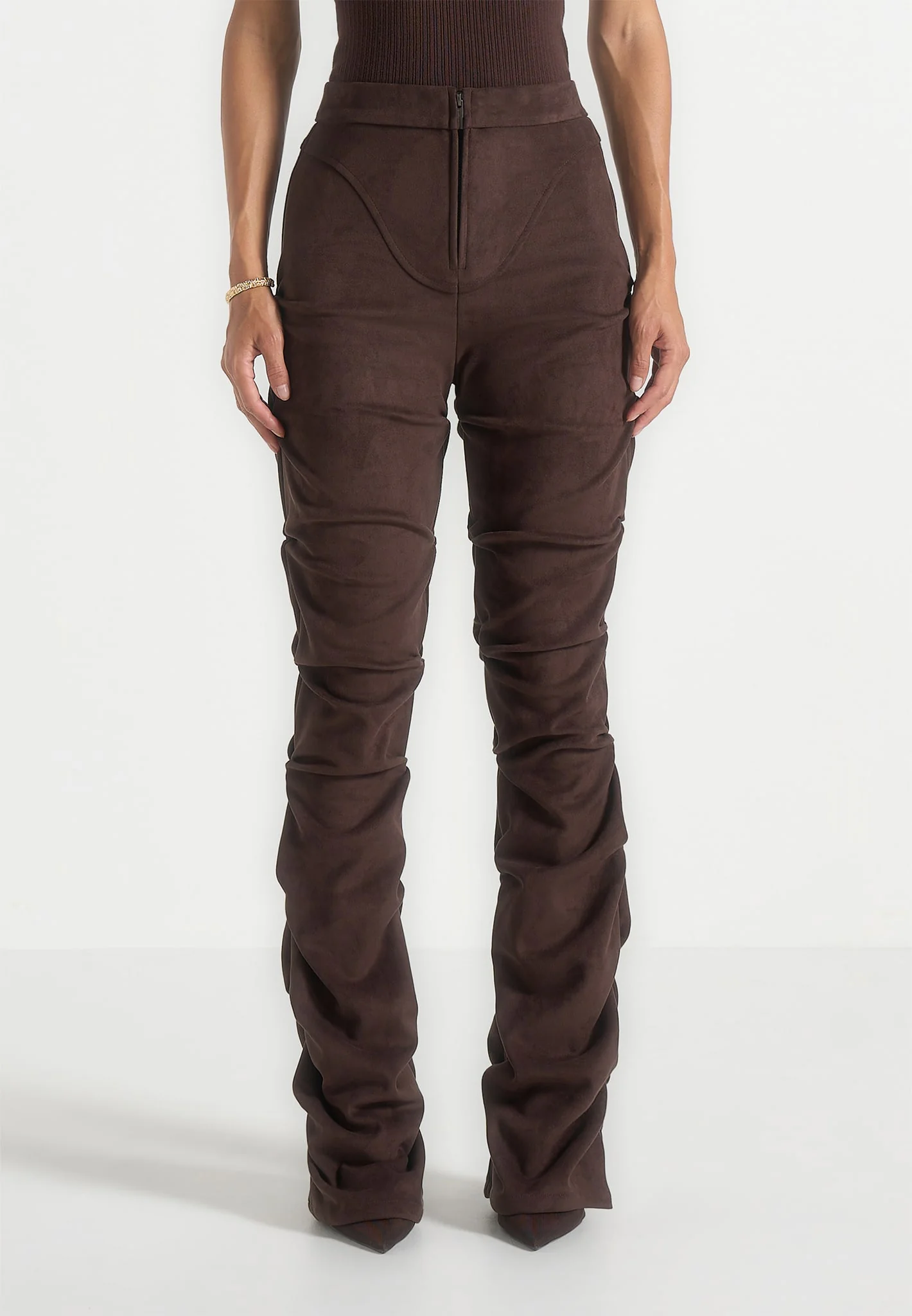 Caroline - Tacked Suede Fit & Flare Trousers - Brown - Image 3