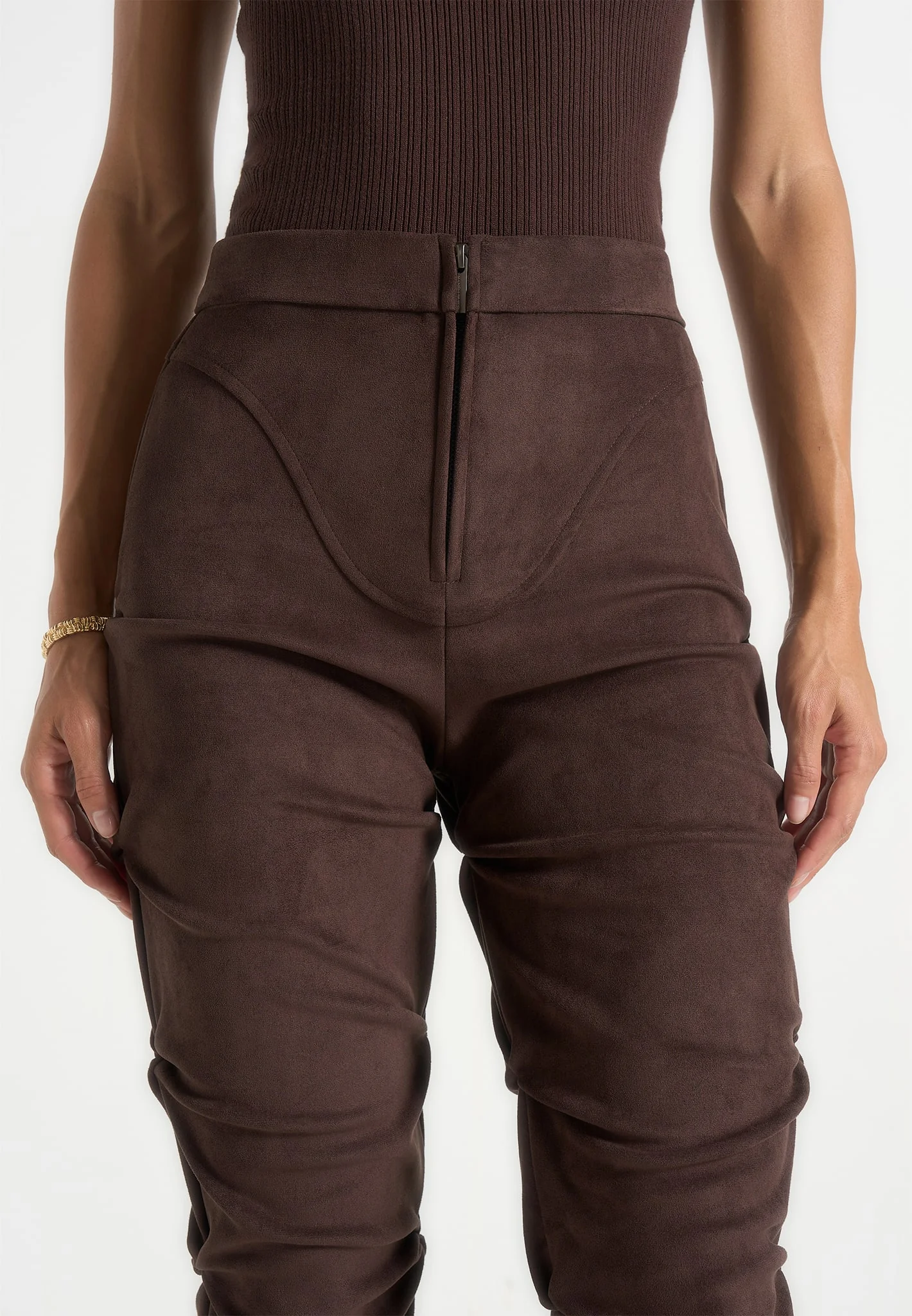 Caroline - Tacked Suede Fit & Flare Trousers - Brown - Image 4