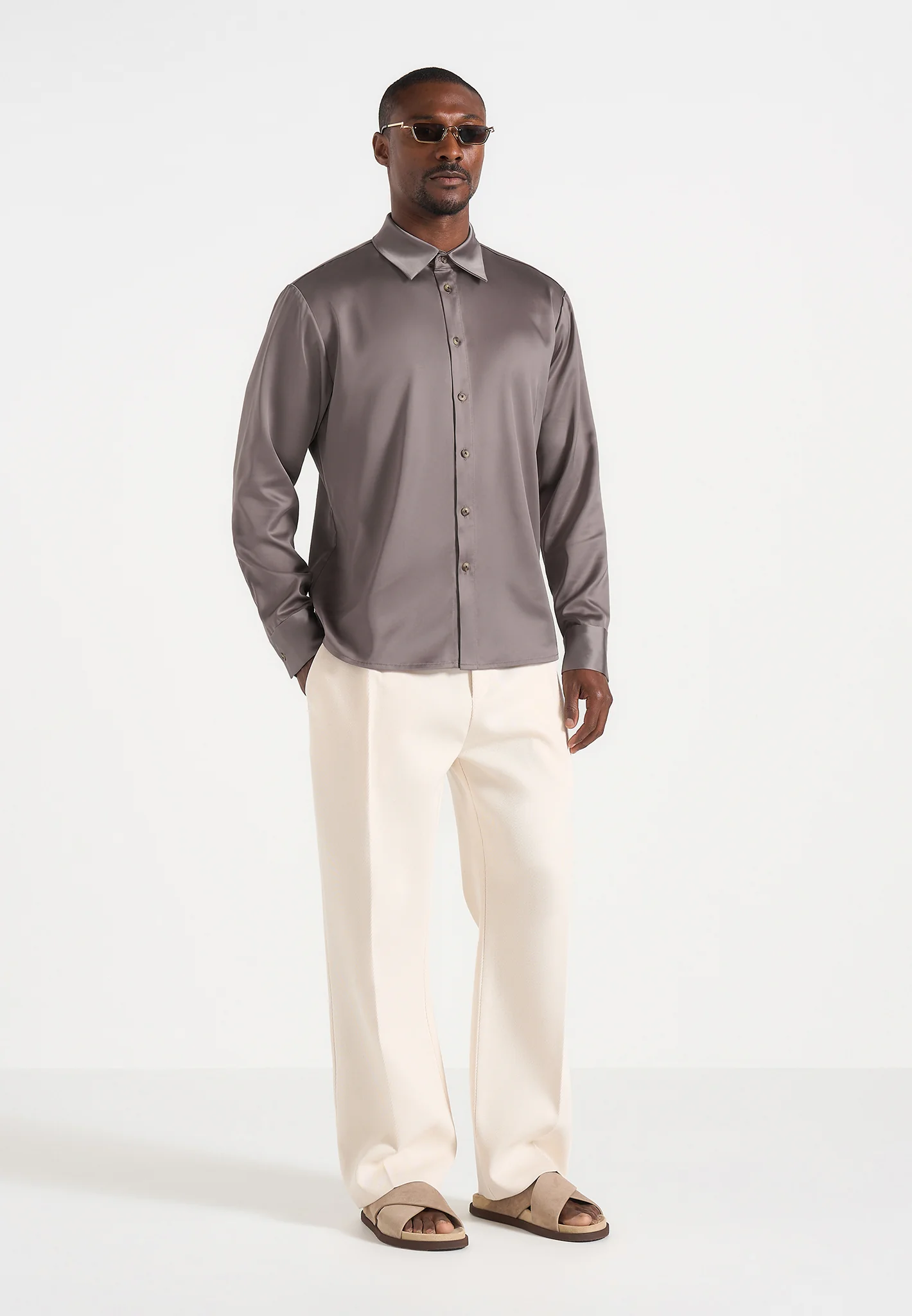 Carter - Unisex Oversized Satin Shirt - Taupe - Image 2