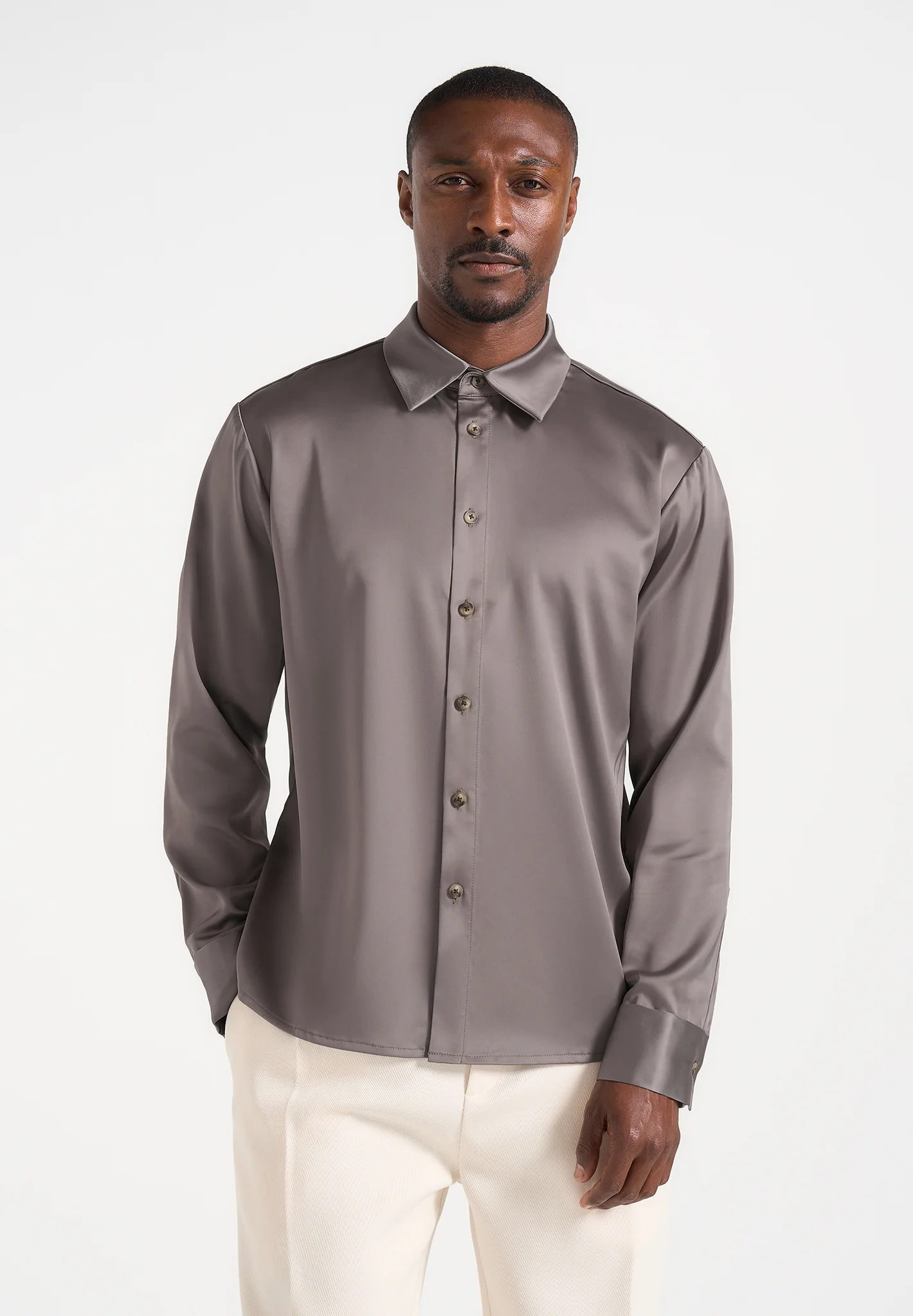 Carter - Unisex Oversized Satin Shirt - Taupe - Image 4