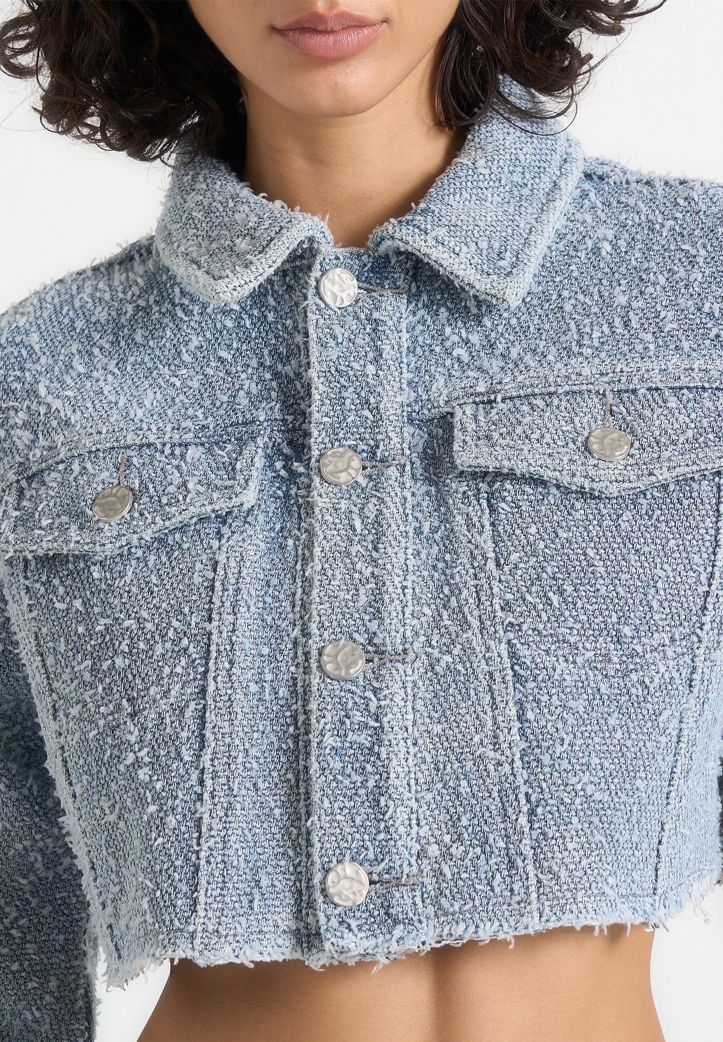 Catherine - Denim Cropped Boucle Jacket - Mid Blue - Image 4