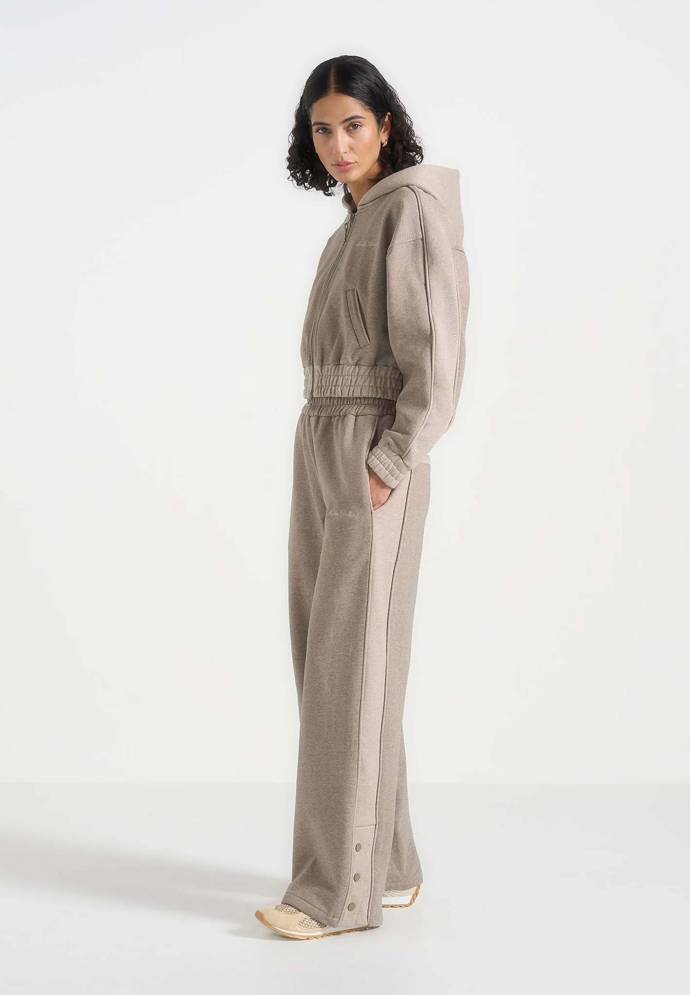 Caya - Two Tone Wide Leg Popper Joggers - Taupe