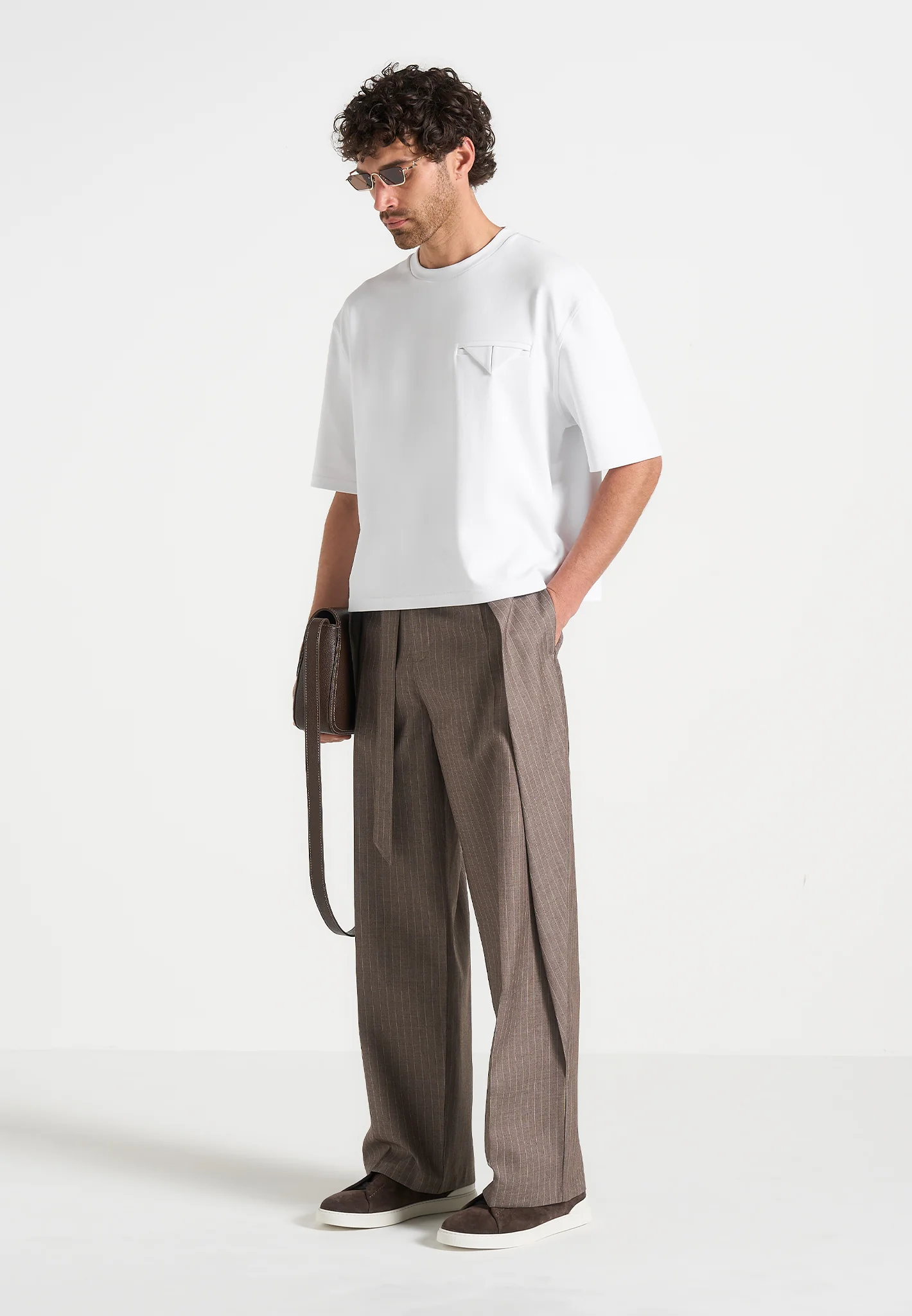 Charles - Wide Fit Wrap Leg Pinstripe Tailored Trousers - Taupe - Image 2