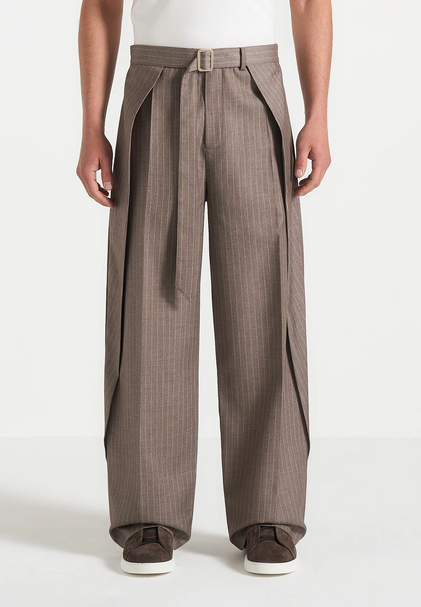 Charles - Wide Fit Wrap Leg Pinstripe Tailored Trousers - Taupe - Image 3