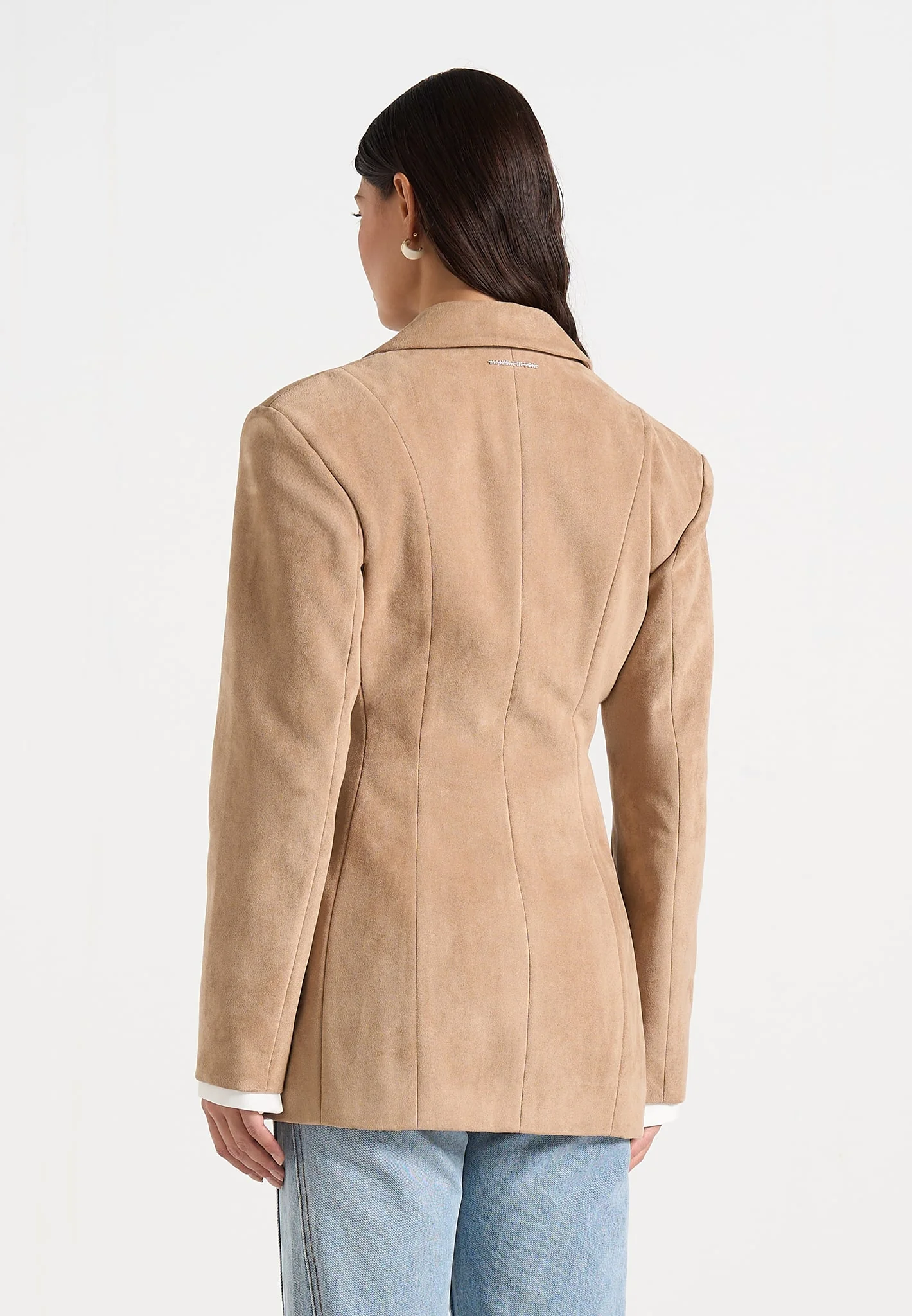 Claire - Suede Wide Shoulder Cinch Waist Blazer - Beige - Image 3