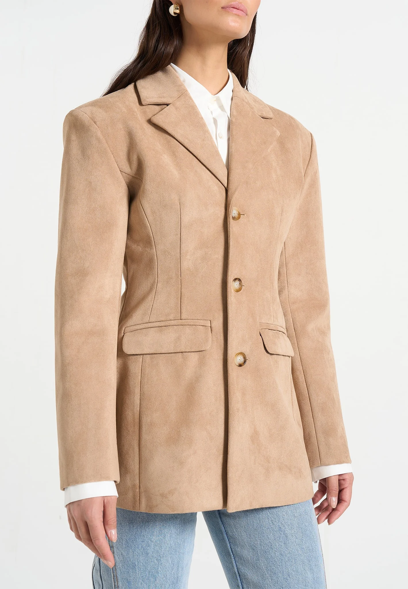 Claire - Suede Wide Shoulder Cinch Waist Blazer - Beige - Image 5