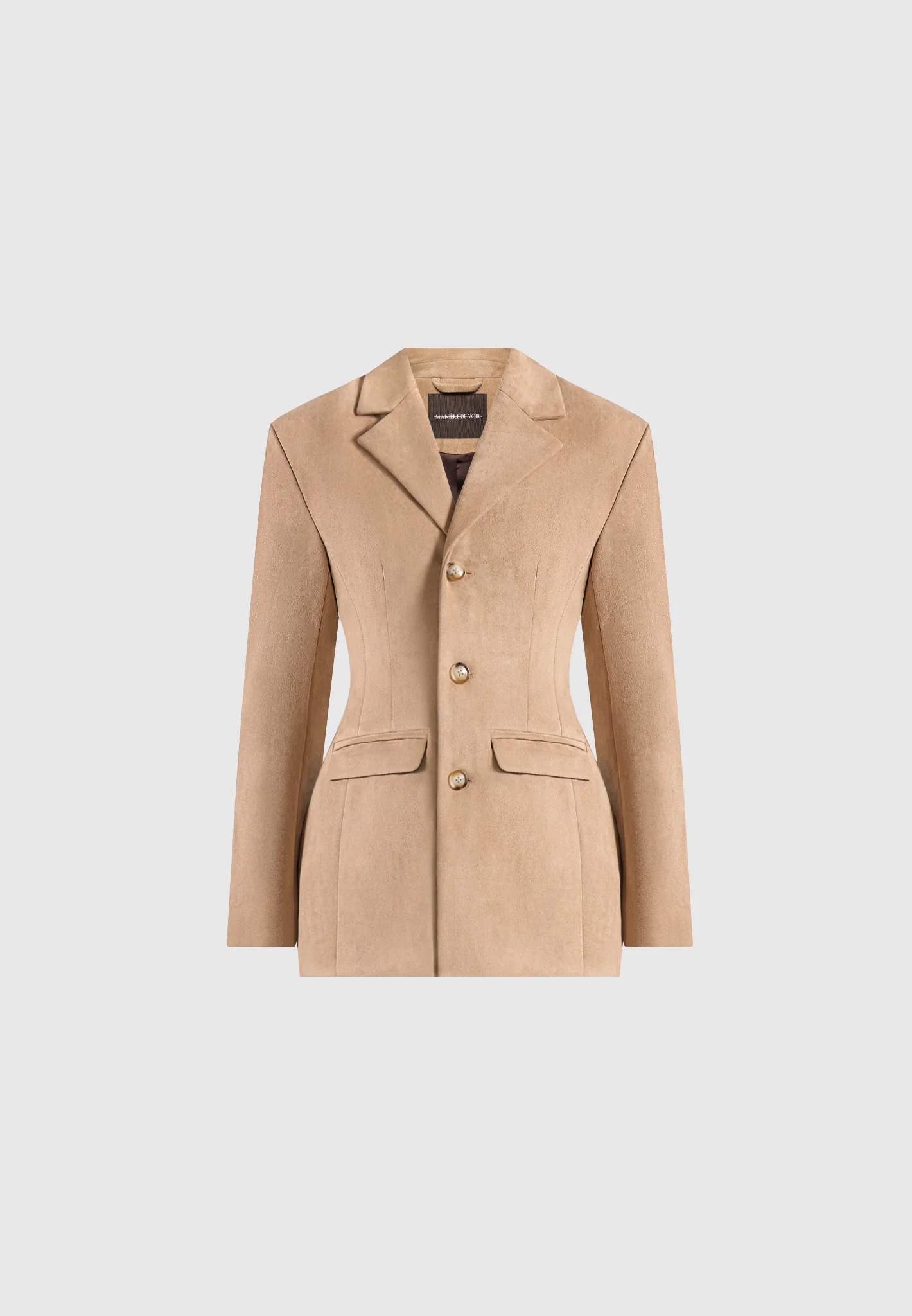 Claire - Suede Wide Shoulder Cinch Waist Blazer - Beige - Image 6