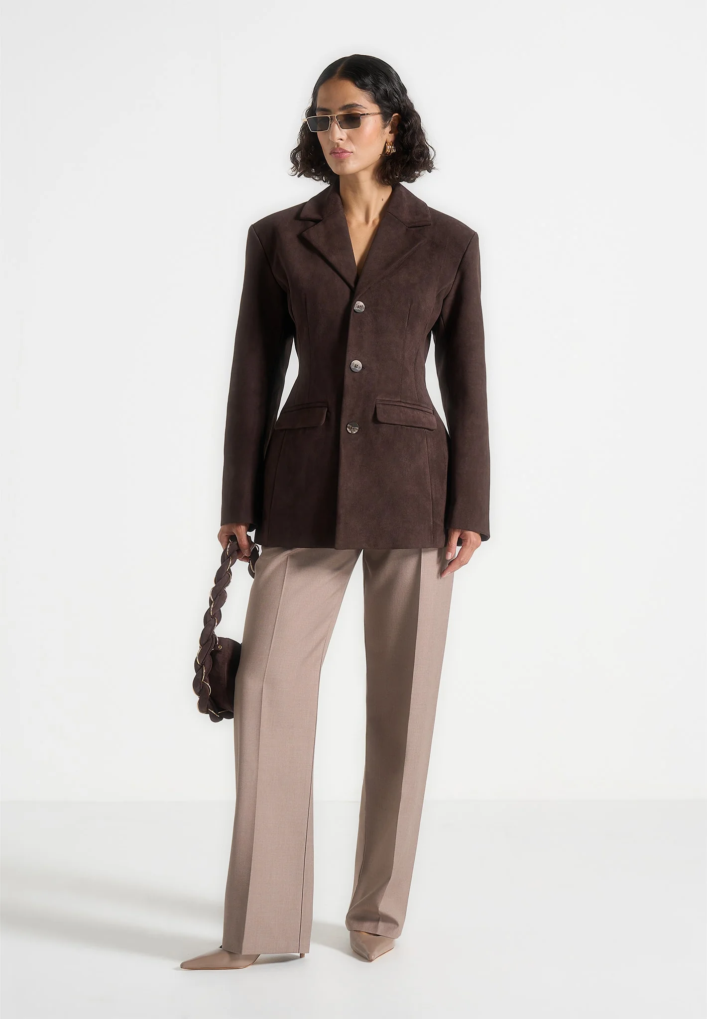 Claire - Suede Wide Shoulder Cinch Waist Blazer - Brown - Image 2