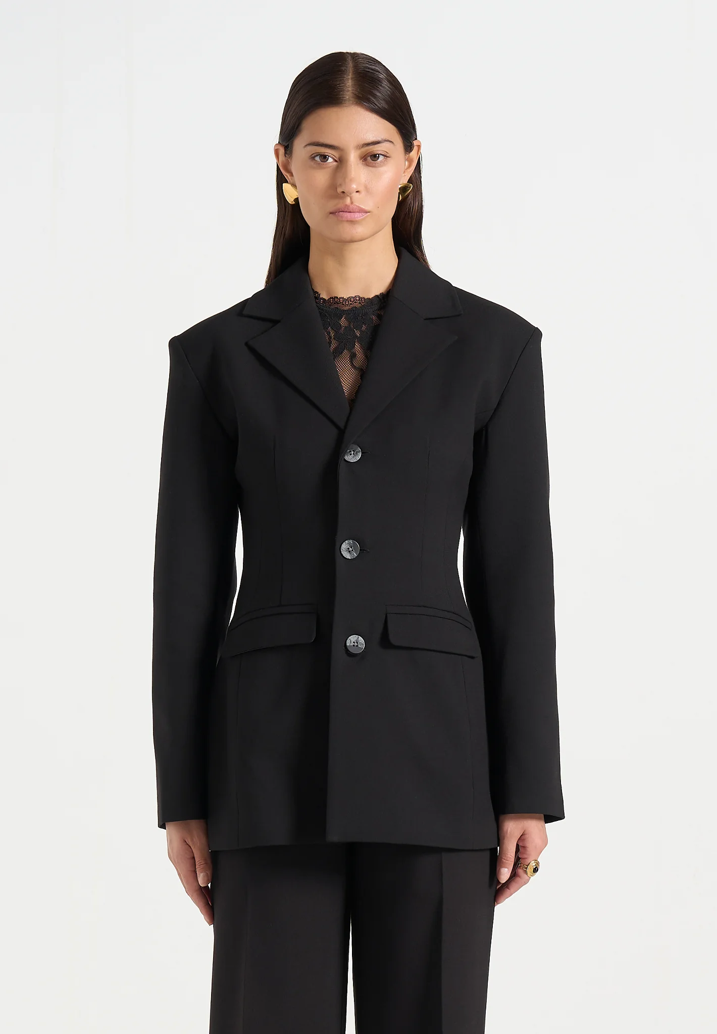 Claire - Wide Shoulder Cinch Waist Blazer - Black - Image 3