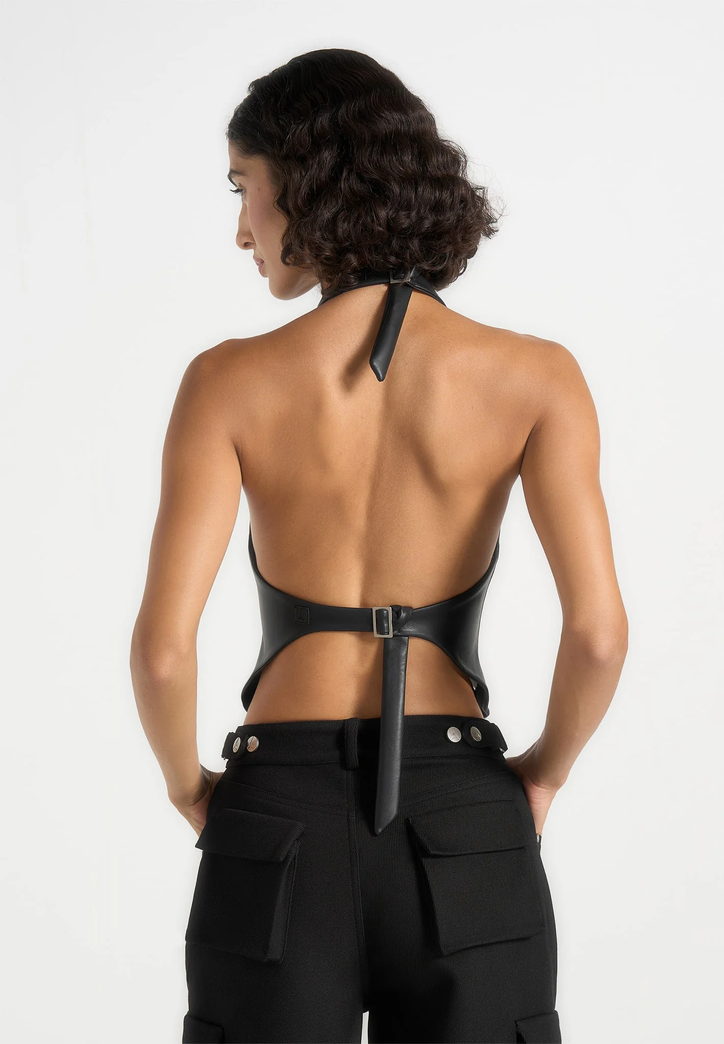 Claudette - Leather Halterneck Backless Top - Black - Image 3