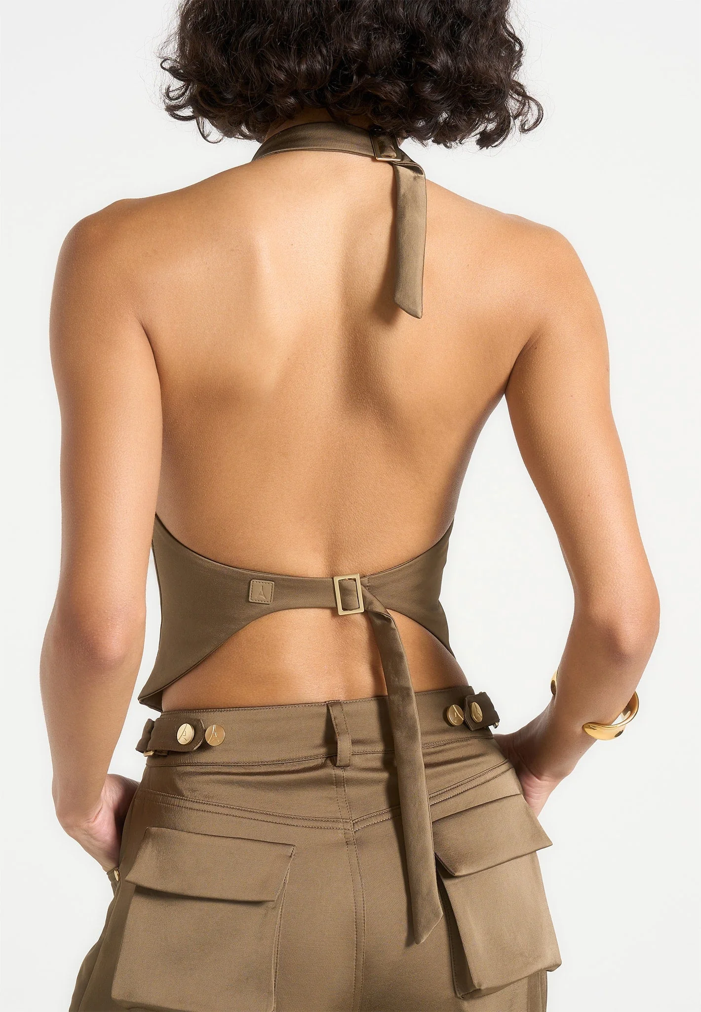Claudette - Satin Halterneck Backless Top - Dark Olive - Image 2