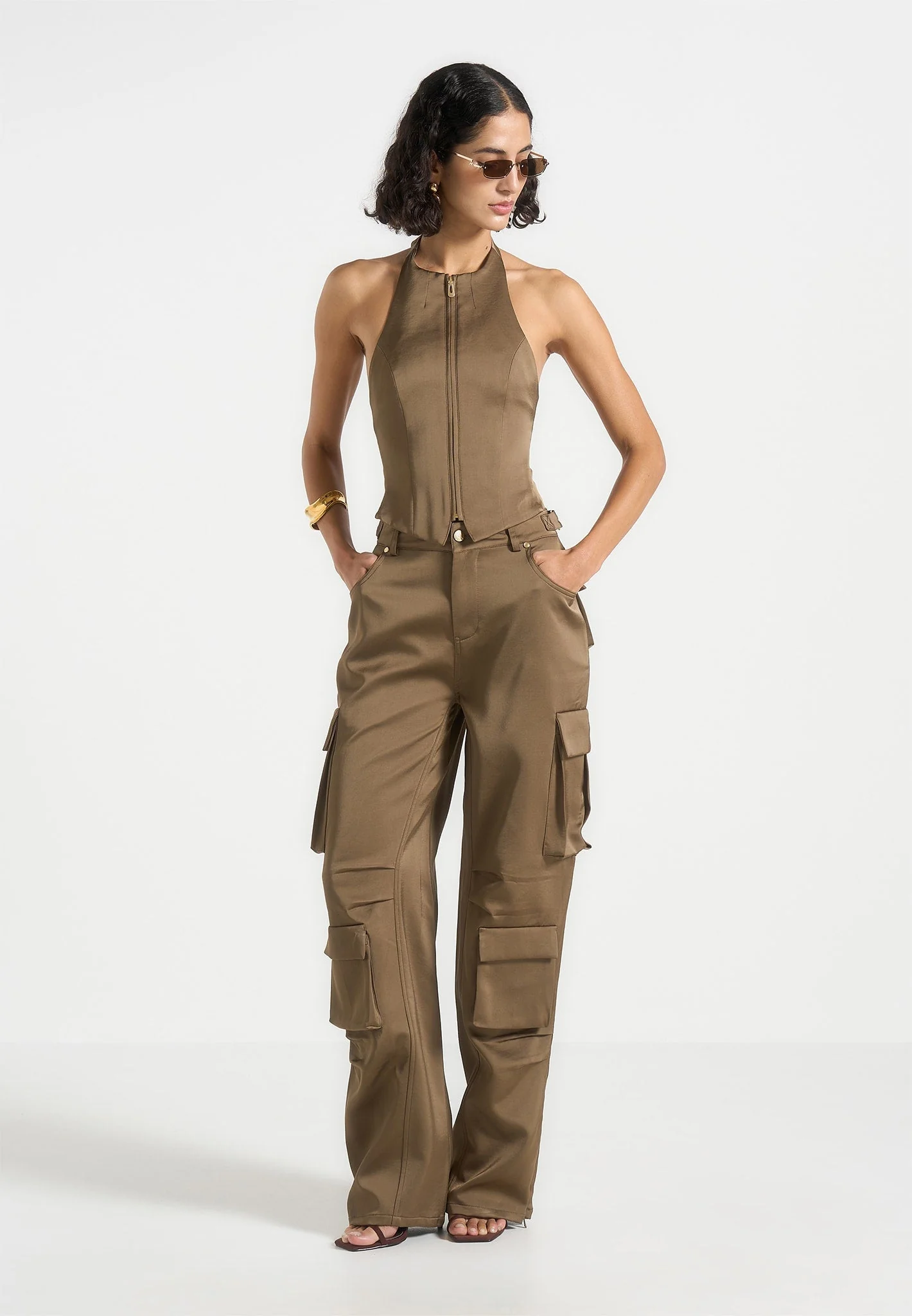 Claudette - Satin Halterneck Backless Top - Dark Olive - Image 3
