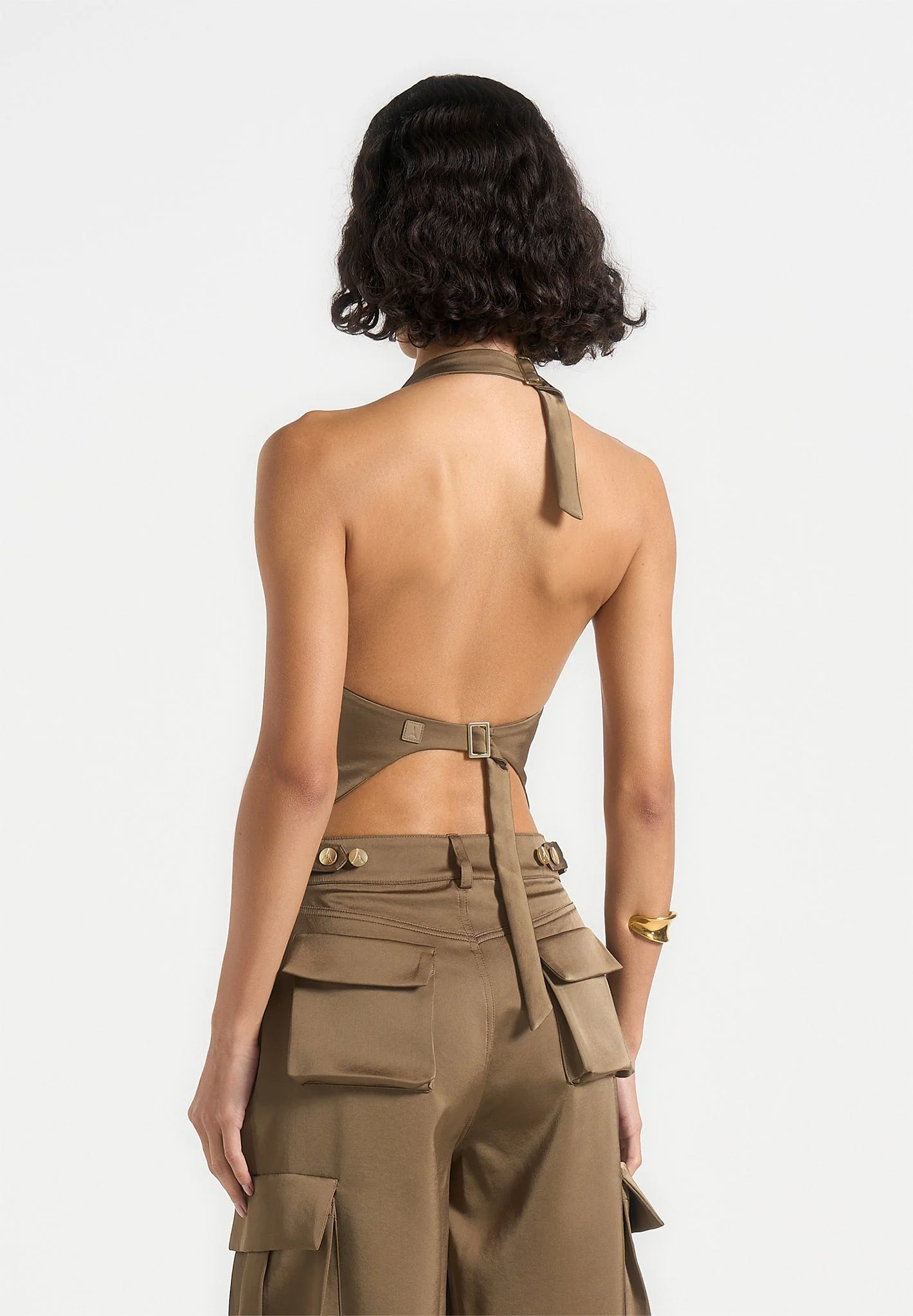 Claudette - Satin Halterneck Backless Top - Dark Olive - Image 4
