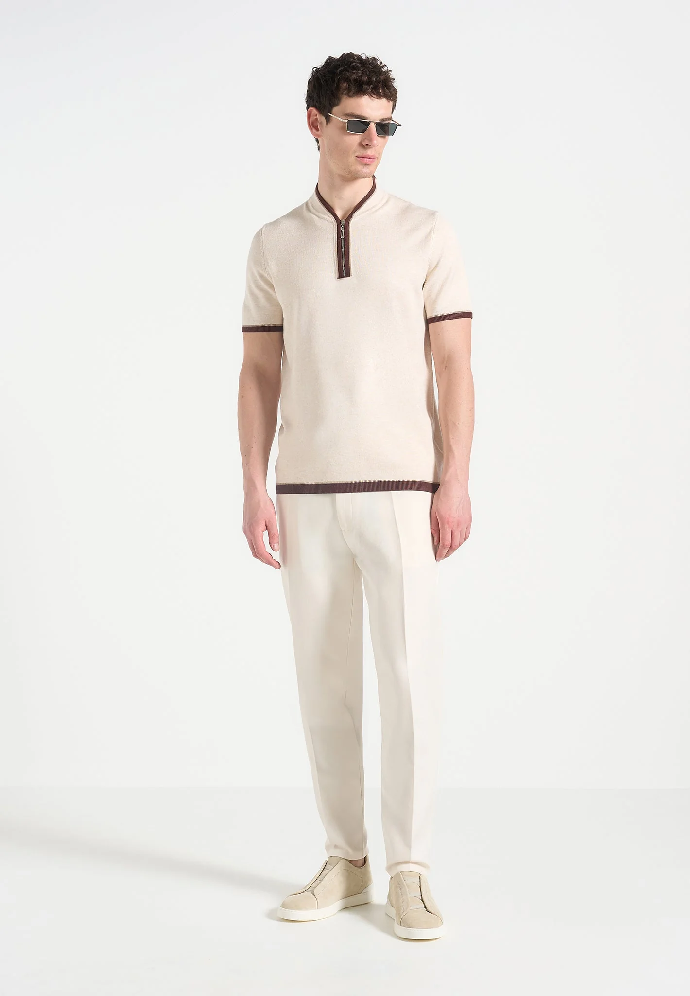 Clement - Crew Neck Zip Polo Shirt - Cream - Image 2