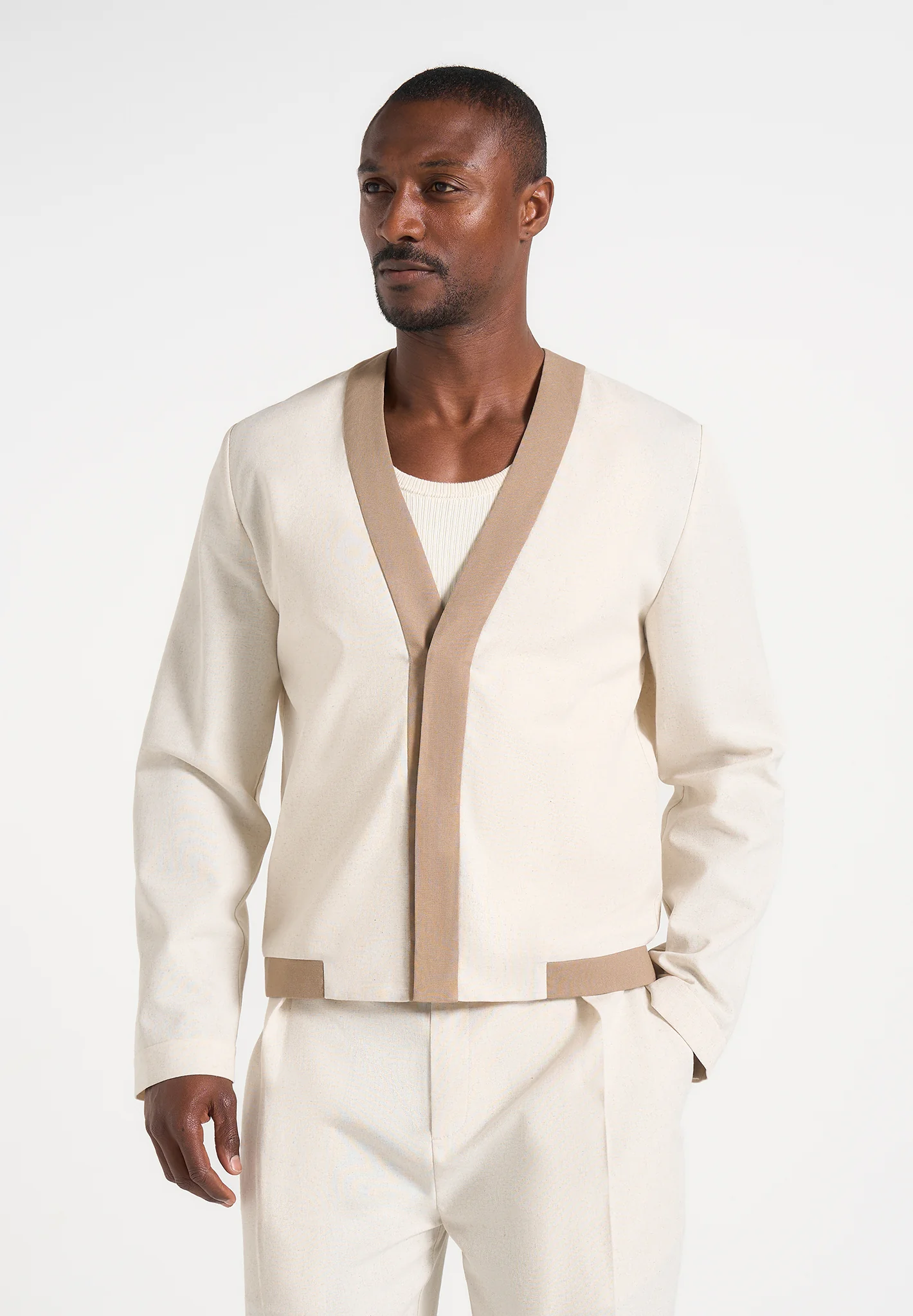 Clovis - Linen Cardigan With Contrast Placket - Natural - Image 2