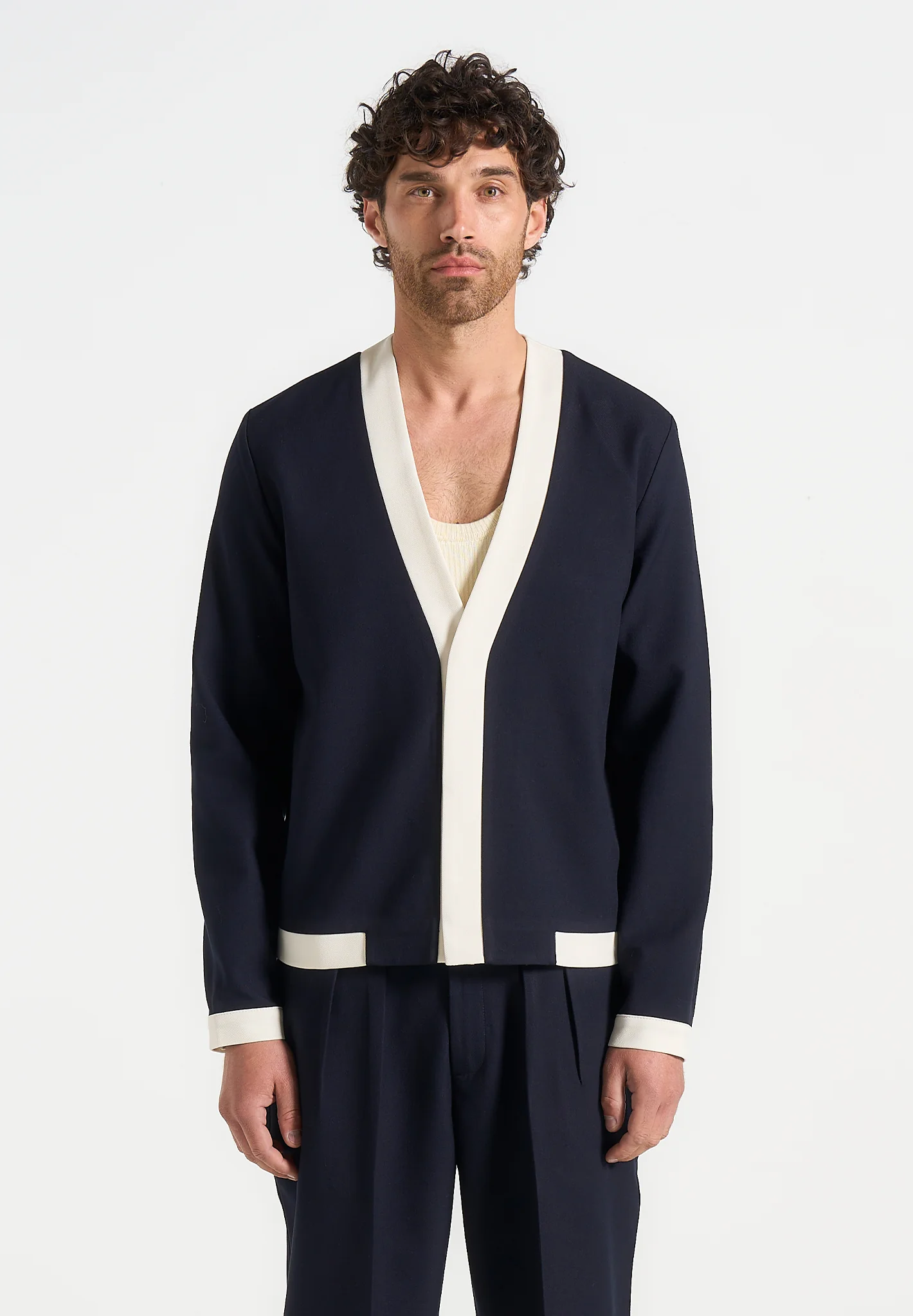 Clovis - Tailored Cardigan With Contrast Placket - Navy/White - Image 4