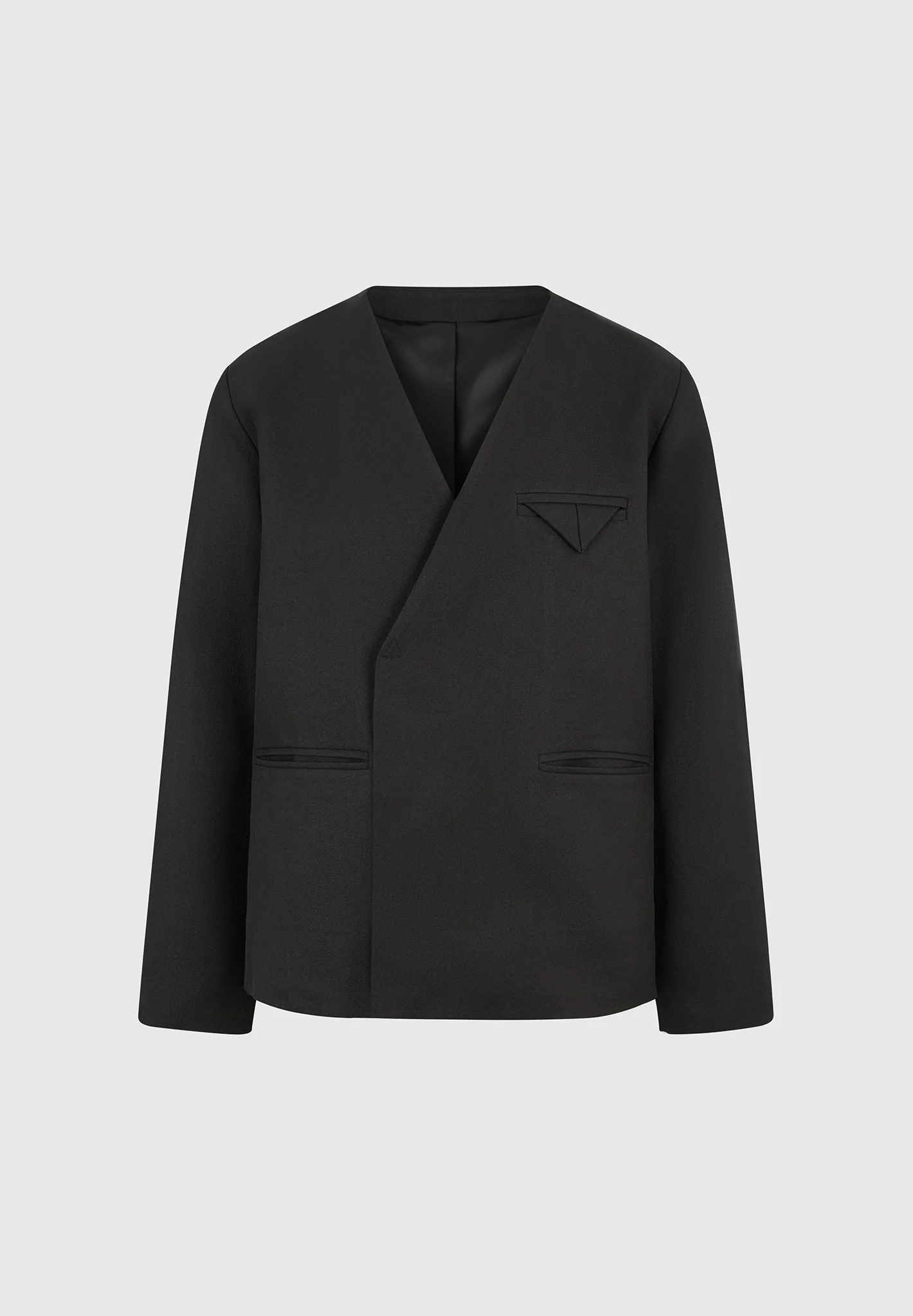 Colin - Collarless Double Breasted Minimal Blazer - Black - Image 5