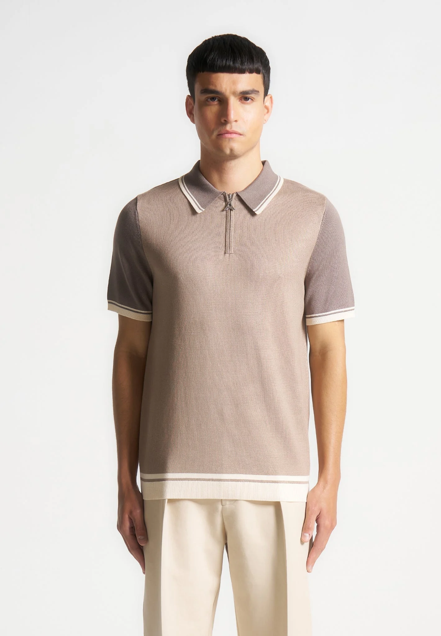Cole - Colour Block Zip Polo Shirt - Taupe