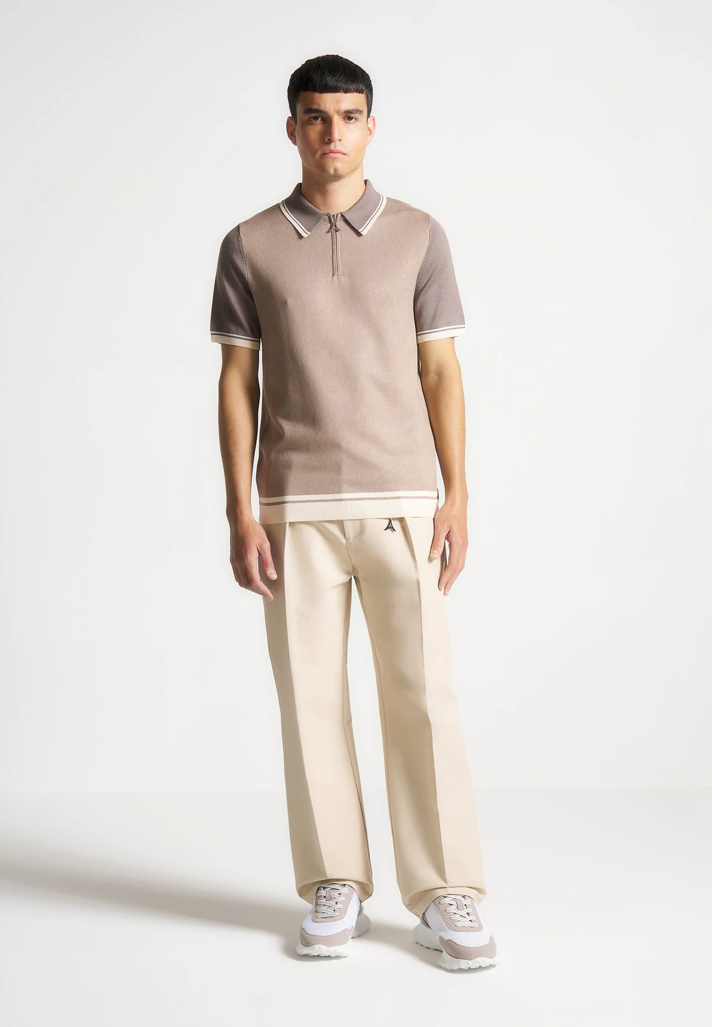 Cole - Colour Block Zip Polo Shirt - Taupe - Image 2