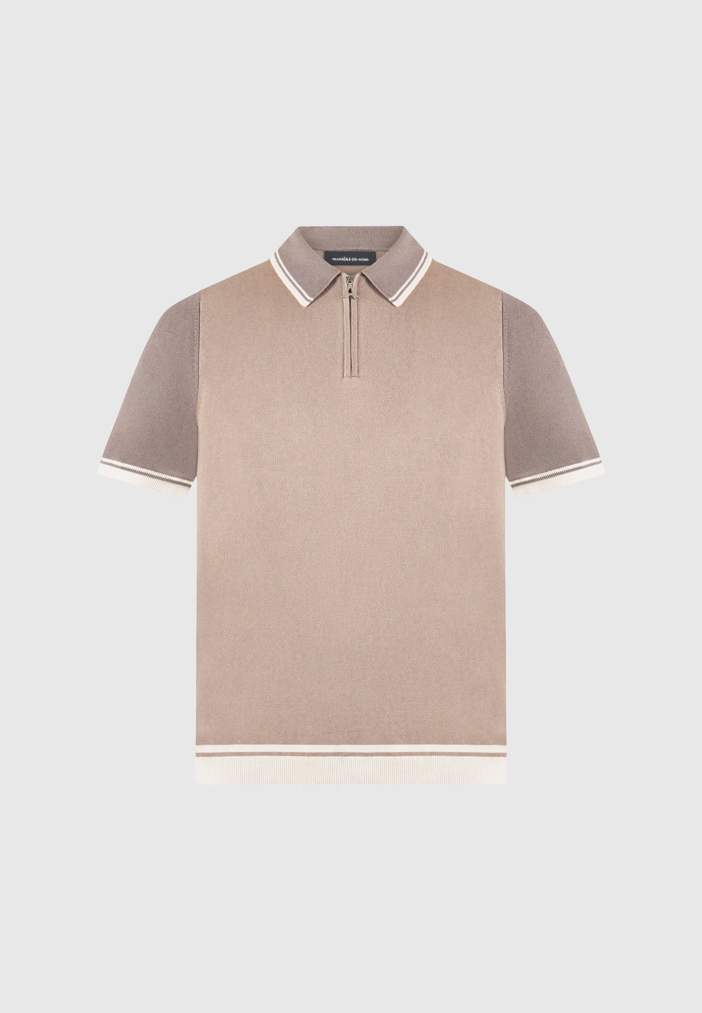 Cole - Colour Block Zip Polo Shirt - Taupe - Image 3