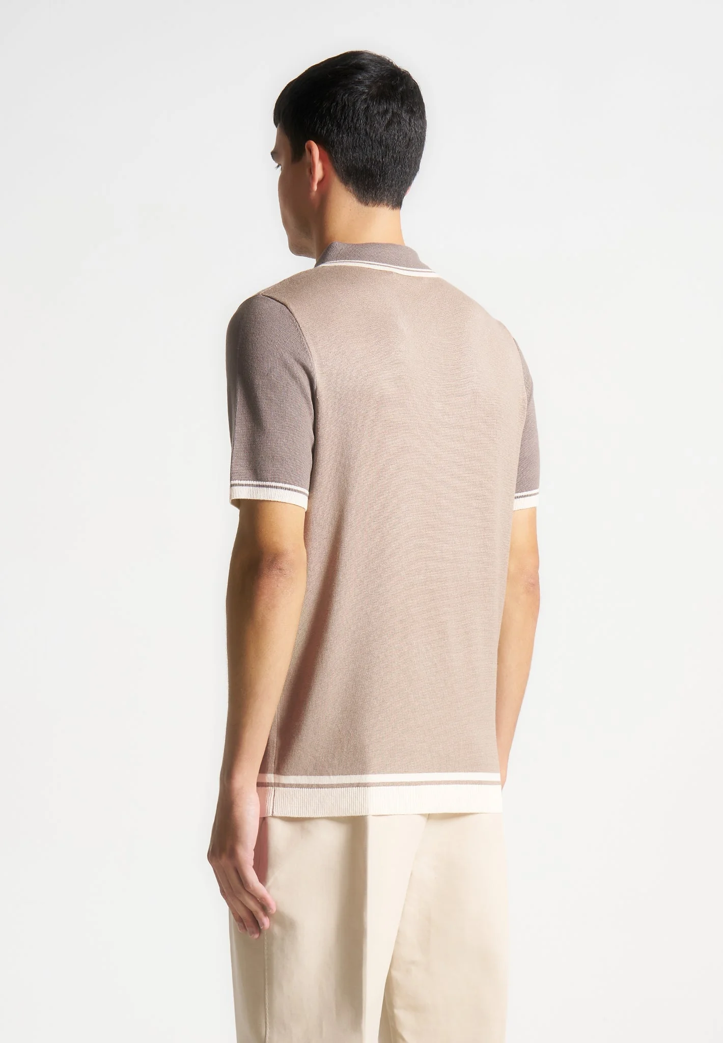 Cole - Colour Block Zip Polo Shirt - Taupe - Image 4