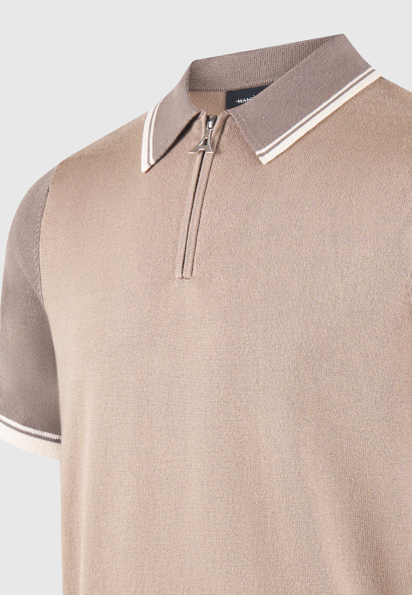 Cole - Colour Block Zip Polo Shirt - Taupe - Image 5