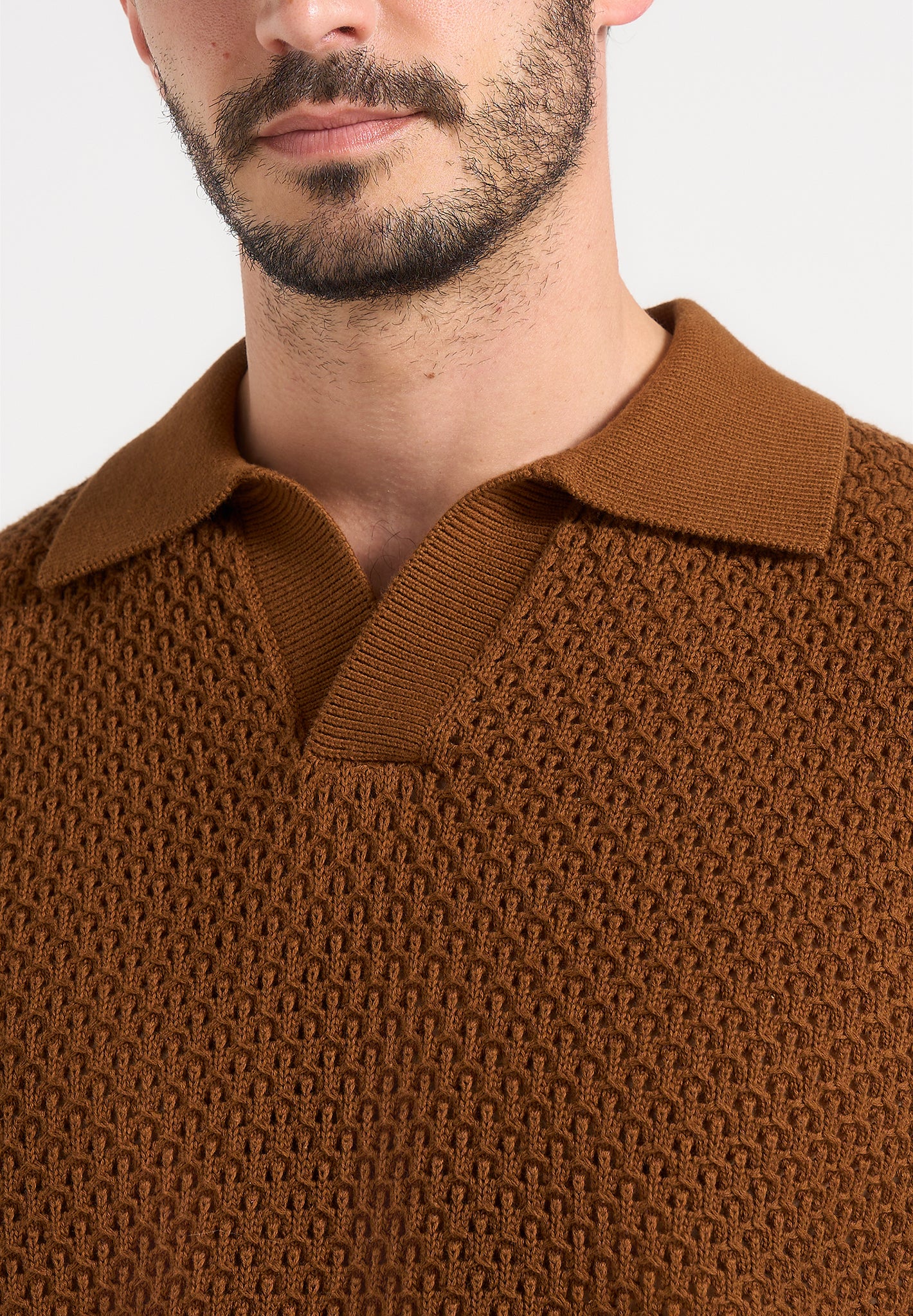 Conrad - Open Knit Polo Shirt - Fawn - Image 2