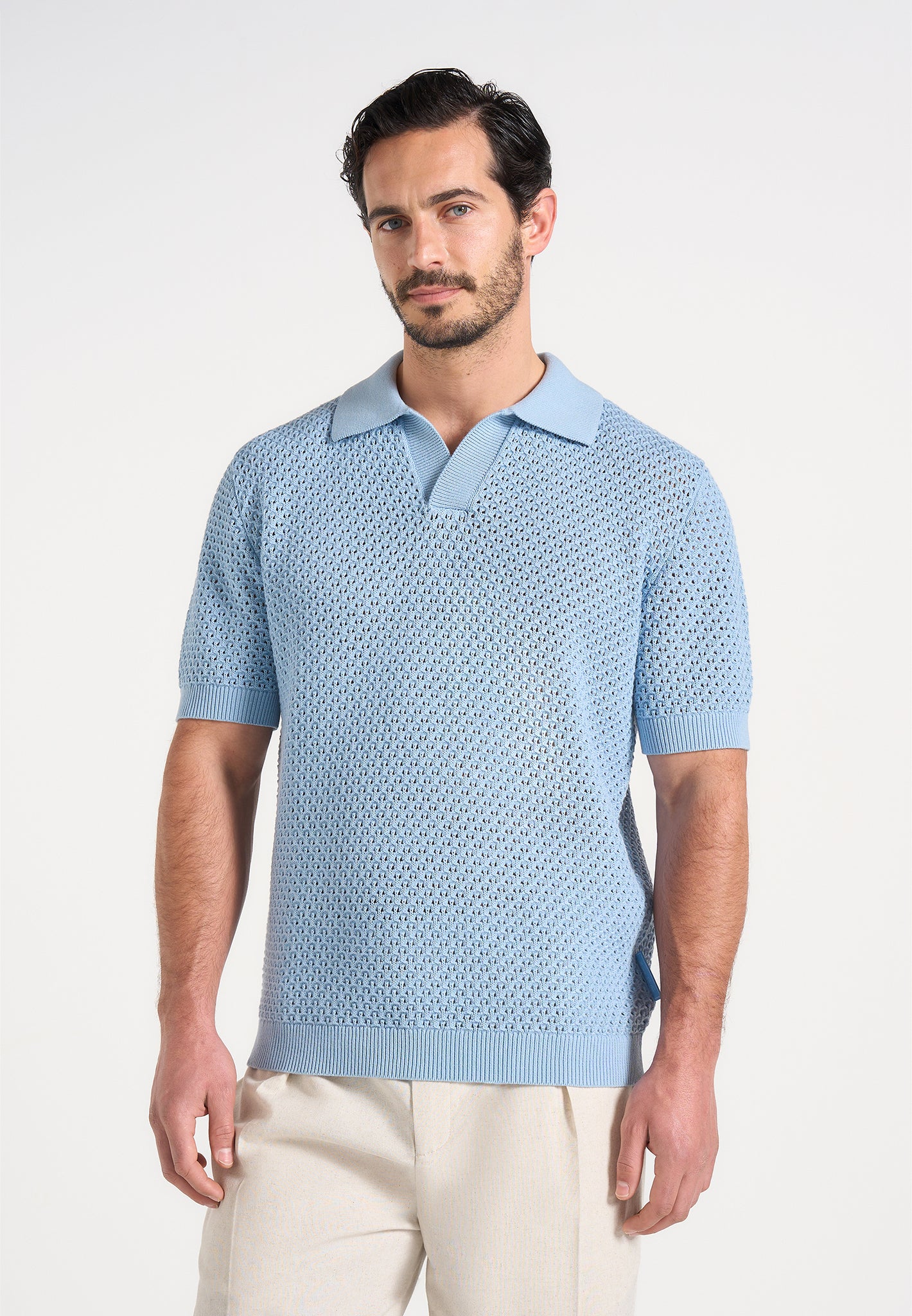 Conrad - Open Knit Polo Shirt - Pale Blue - Image 2