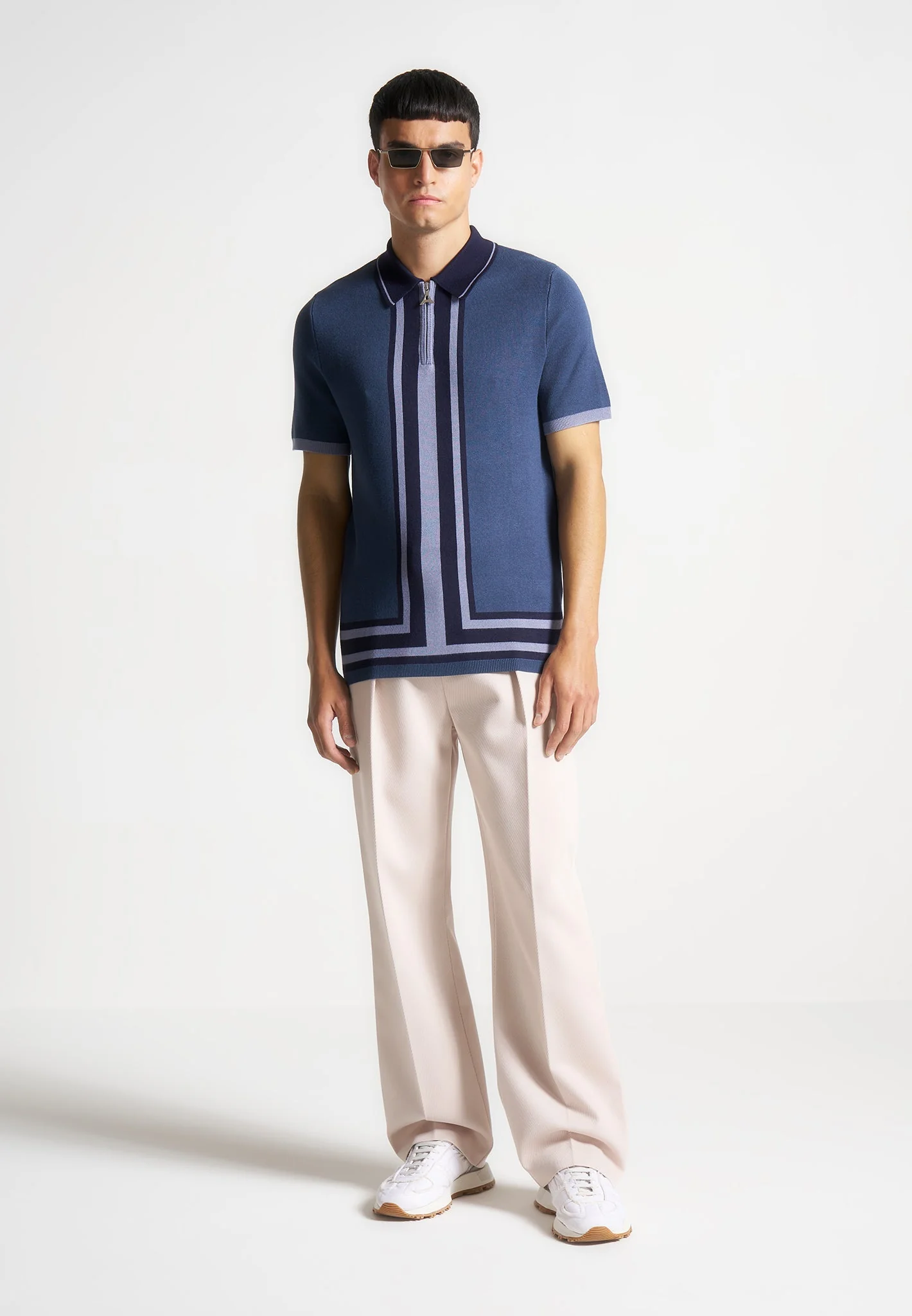 Daniel - Contrast Border Knit Zip Polo Shirt - Blue - Image 2