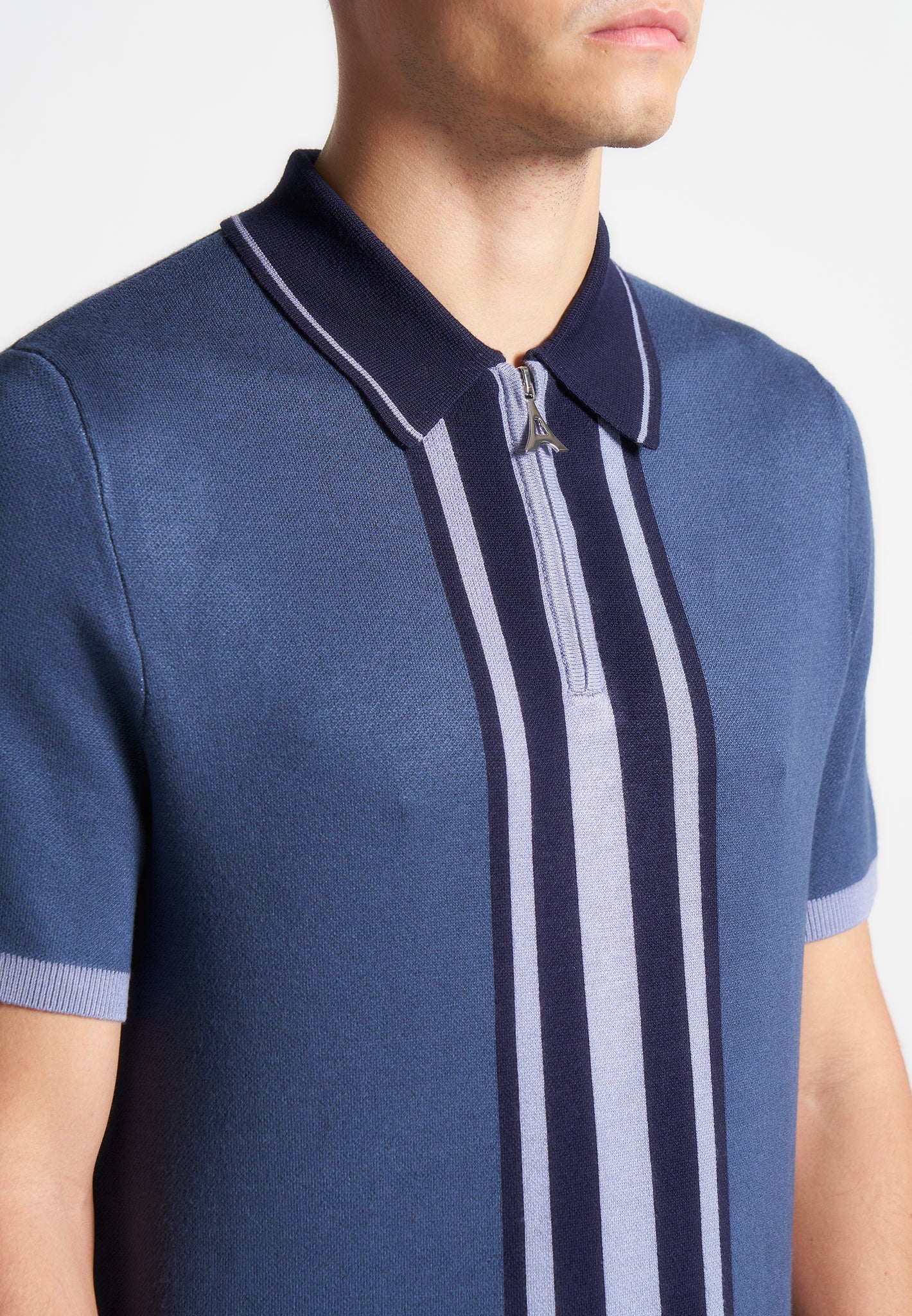 Daniel - Contrast Border Knit Zip Polo Shirt - Blue - Image 4