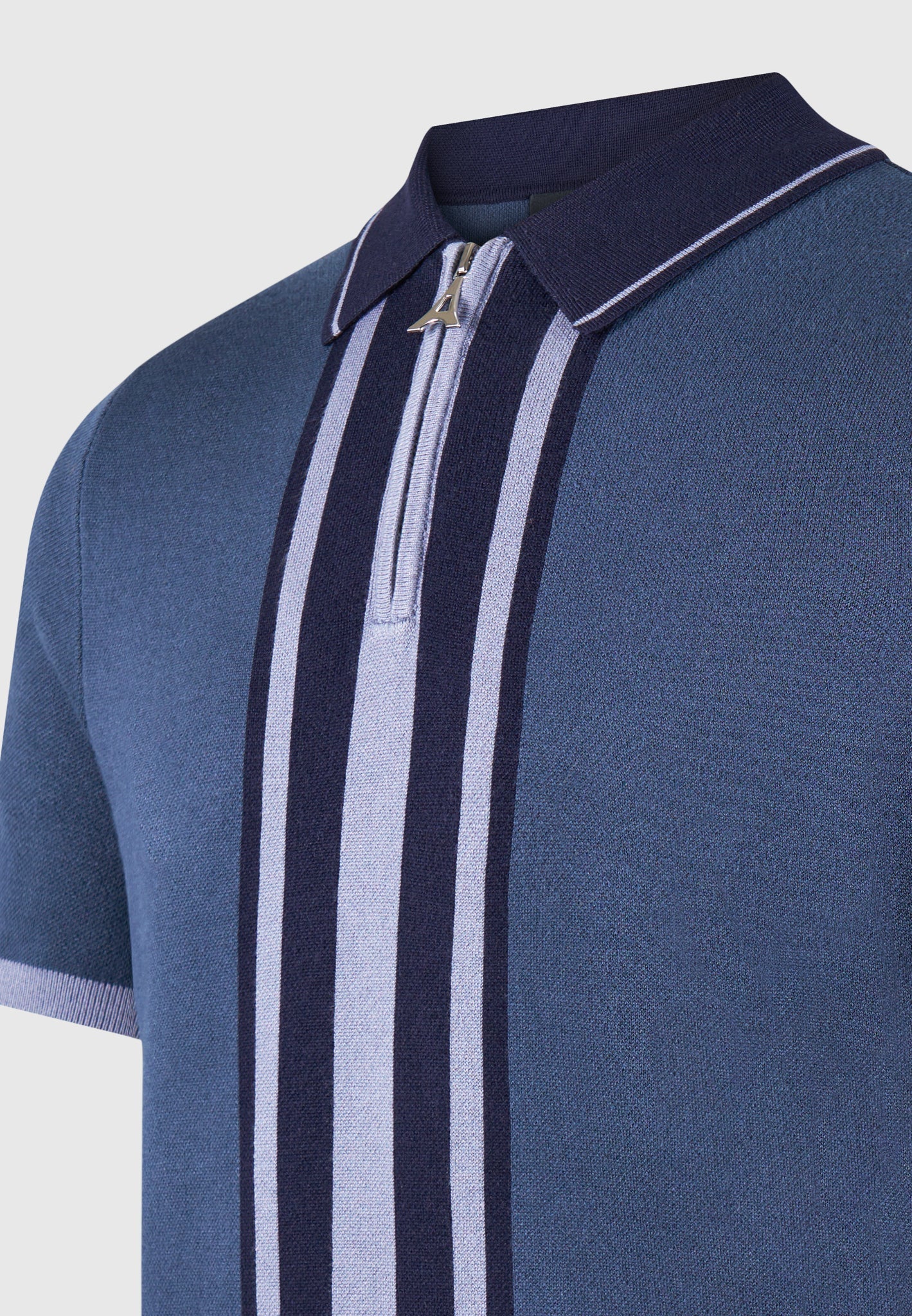 Daniel - Contrast Border Knit Zip Polo Shirt - Blue - Image 6