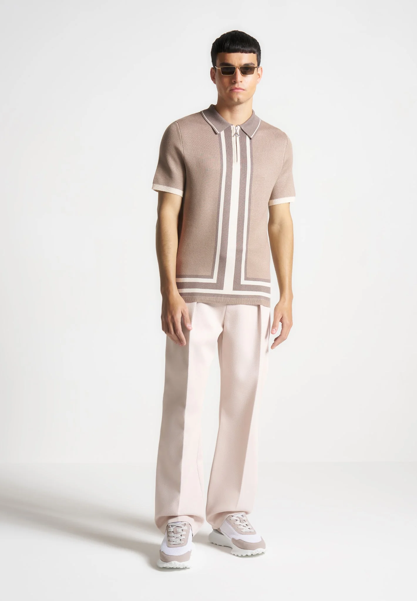 Daniel - Contrast Border Knit Zip Polo Shirt - Taupe - Image 2