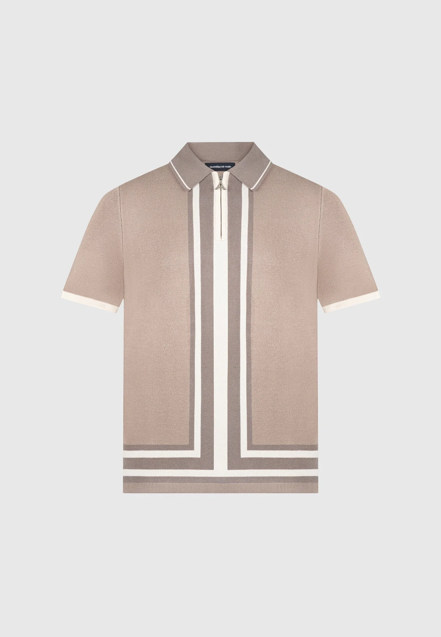 Daniel - Contrast Border Knit Zip Polo Shirt - Taupe - Image 3