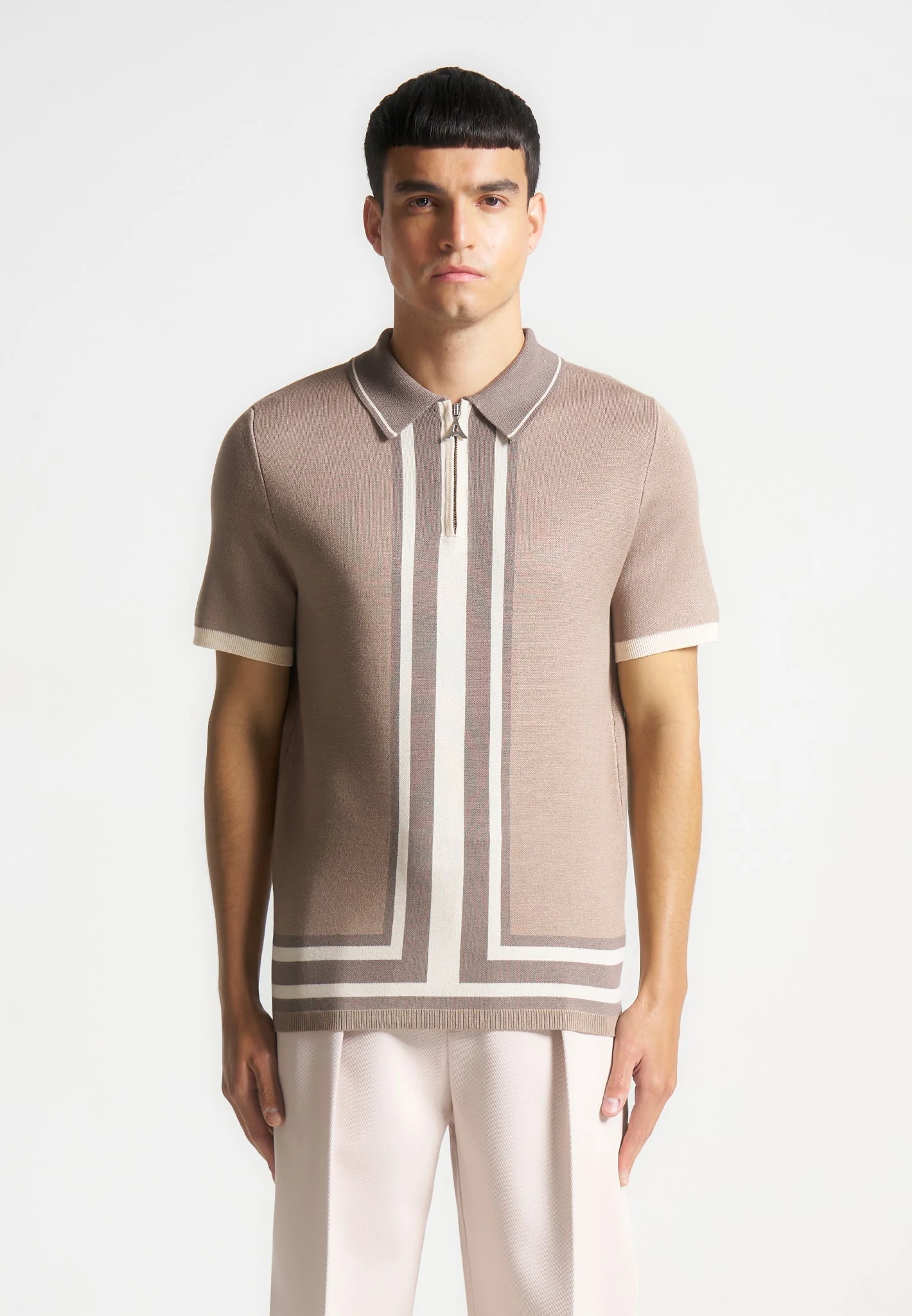 Daniel - Contrast Border Knit Zip Polo Shirt - Taupe - Image 4
