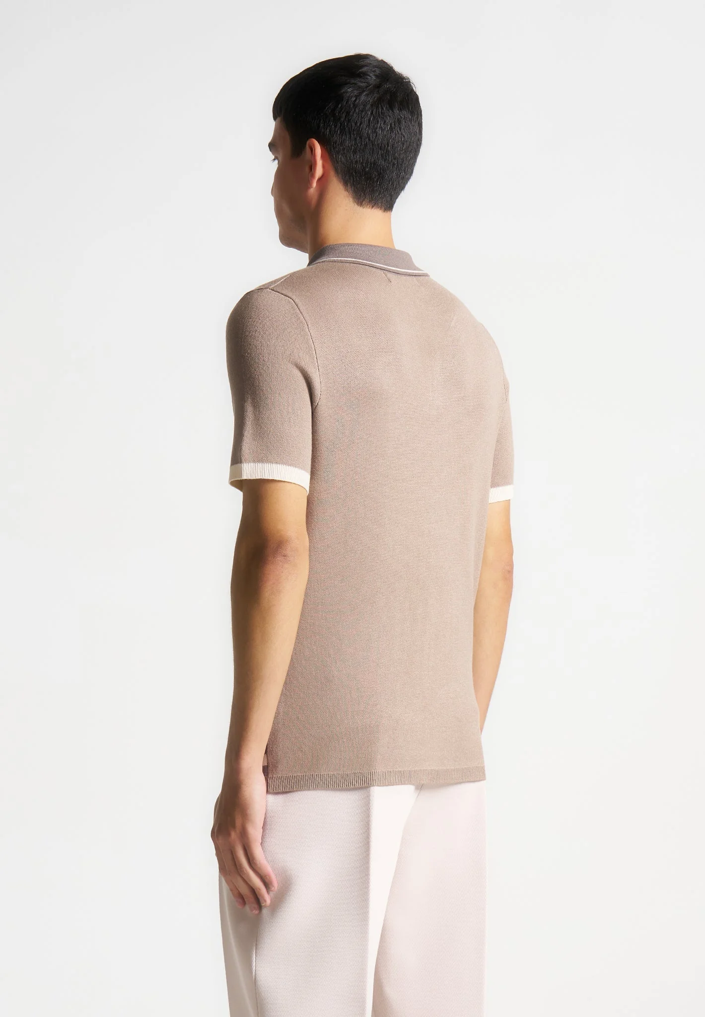 Daniel - Contrast Border Knit Zip Polo Shirt - Taupe - Image 5