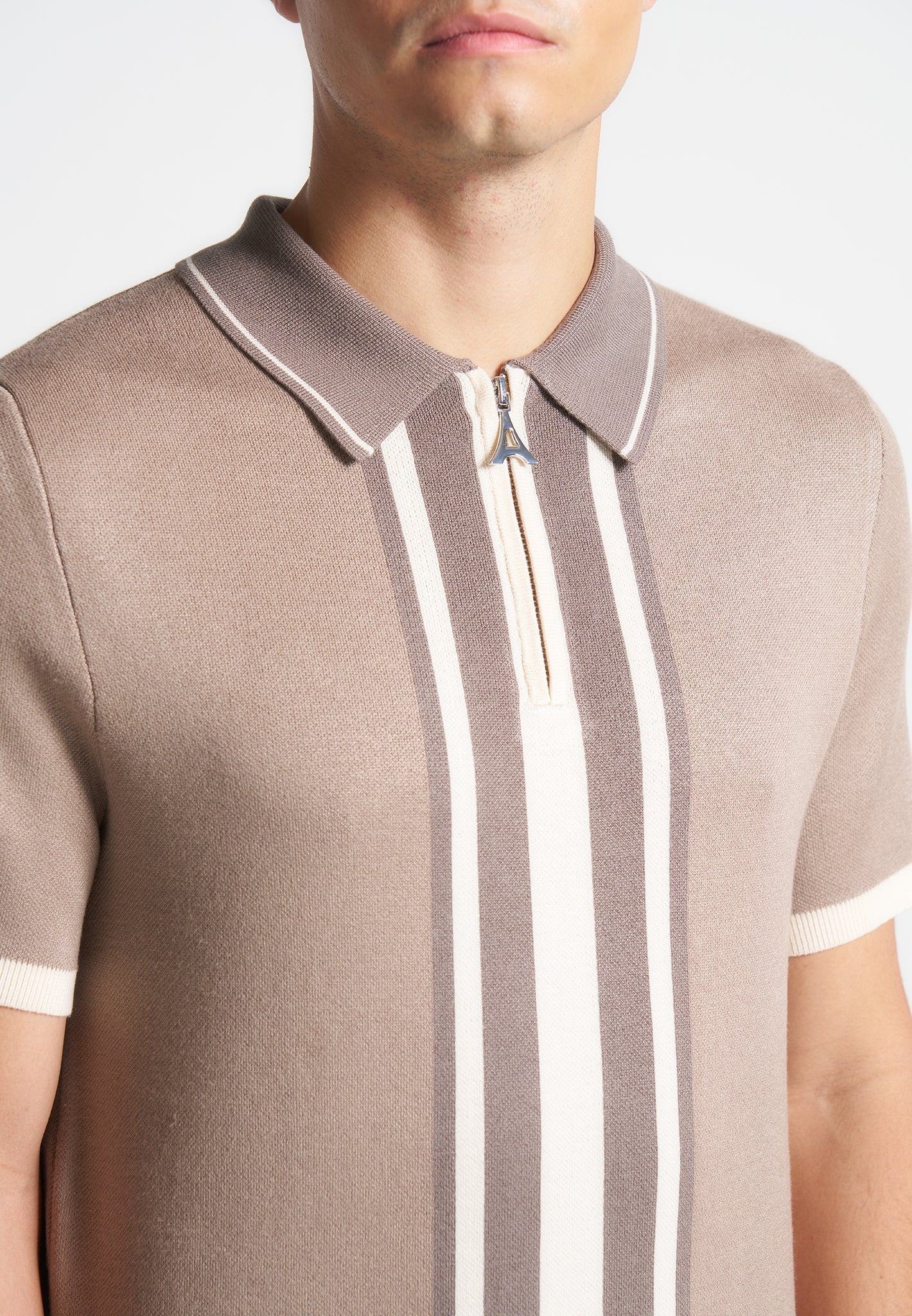 Daniel - Contrast Border Knit Zip Polo Shirt - Taupe - Image 6
