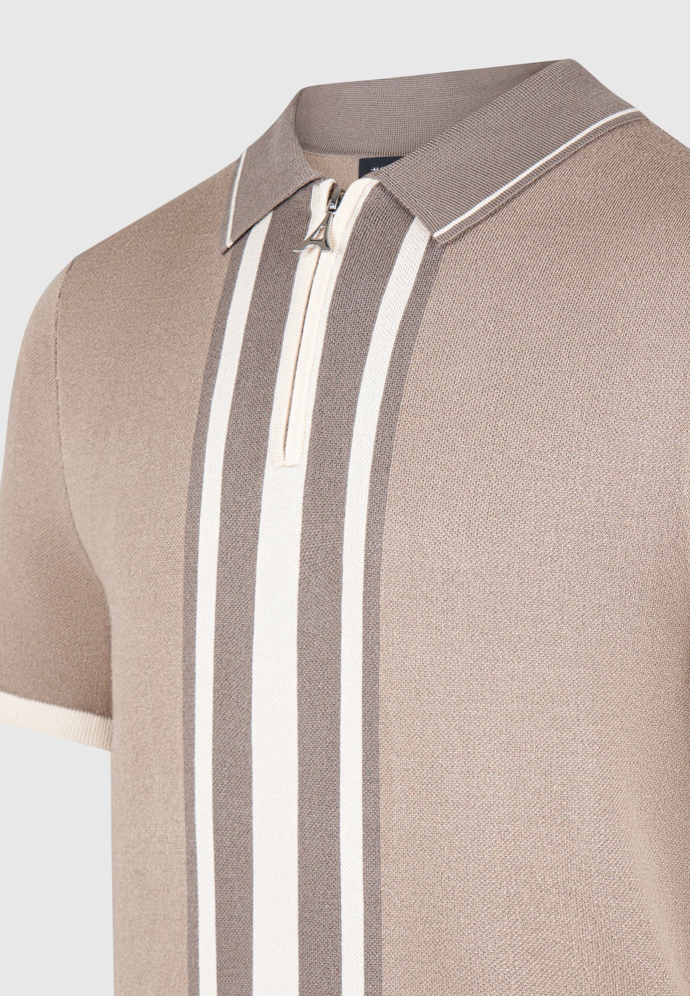 Daniel - Contrast Border Knit Zip Polo Shirt - Taupe - Image 7