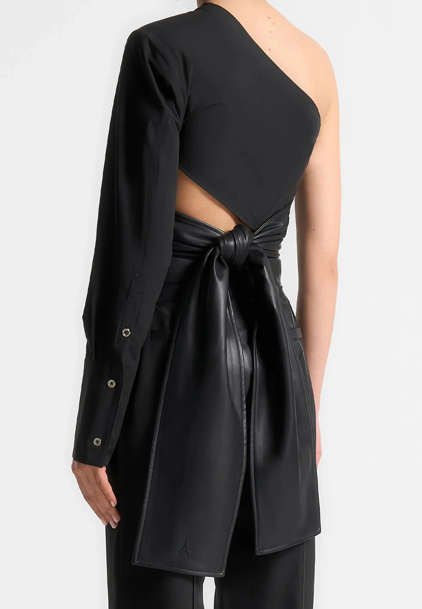 Coralie - One Sleeve Leather Wrap Top - Black - Image 3