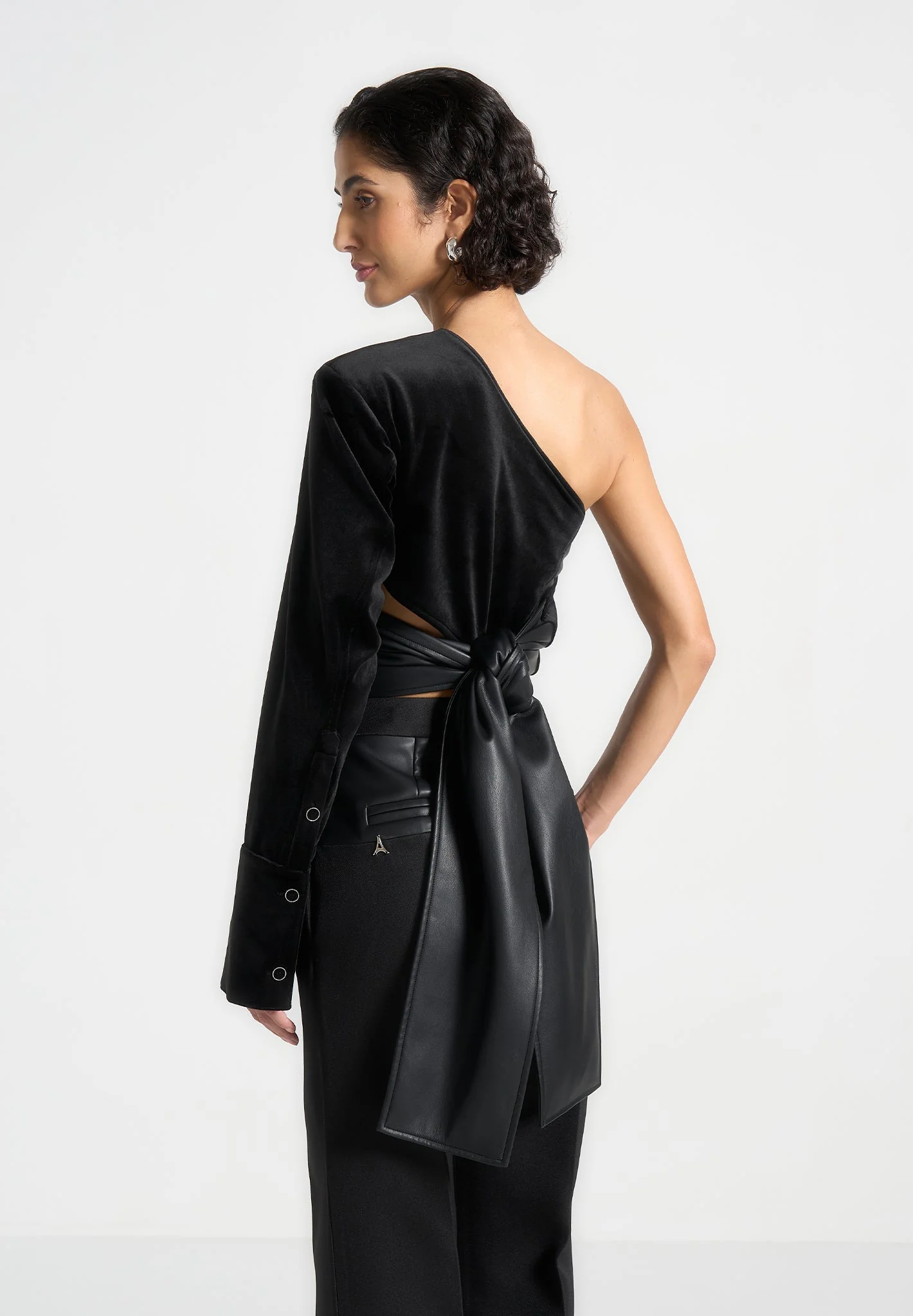 Coralie - One Sleeve Velour Wrap Top - Black - Image 5