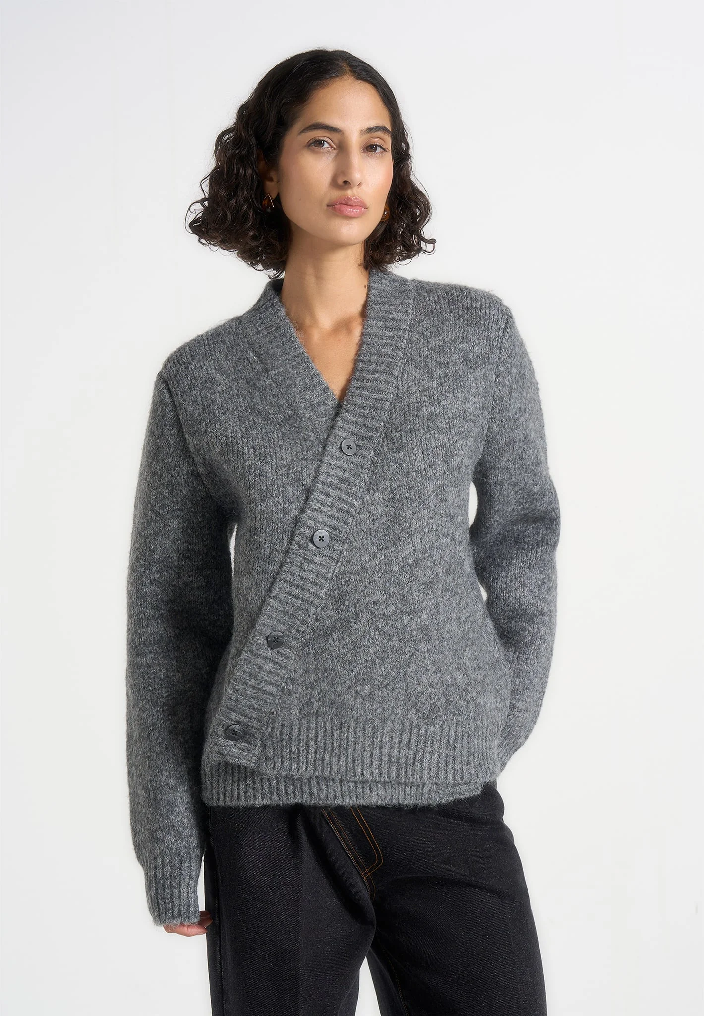 Dani - Unisex Asymmetric Brushed Knit Cardigan - Grey - Image 3