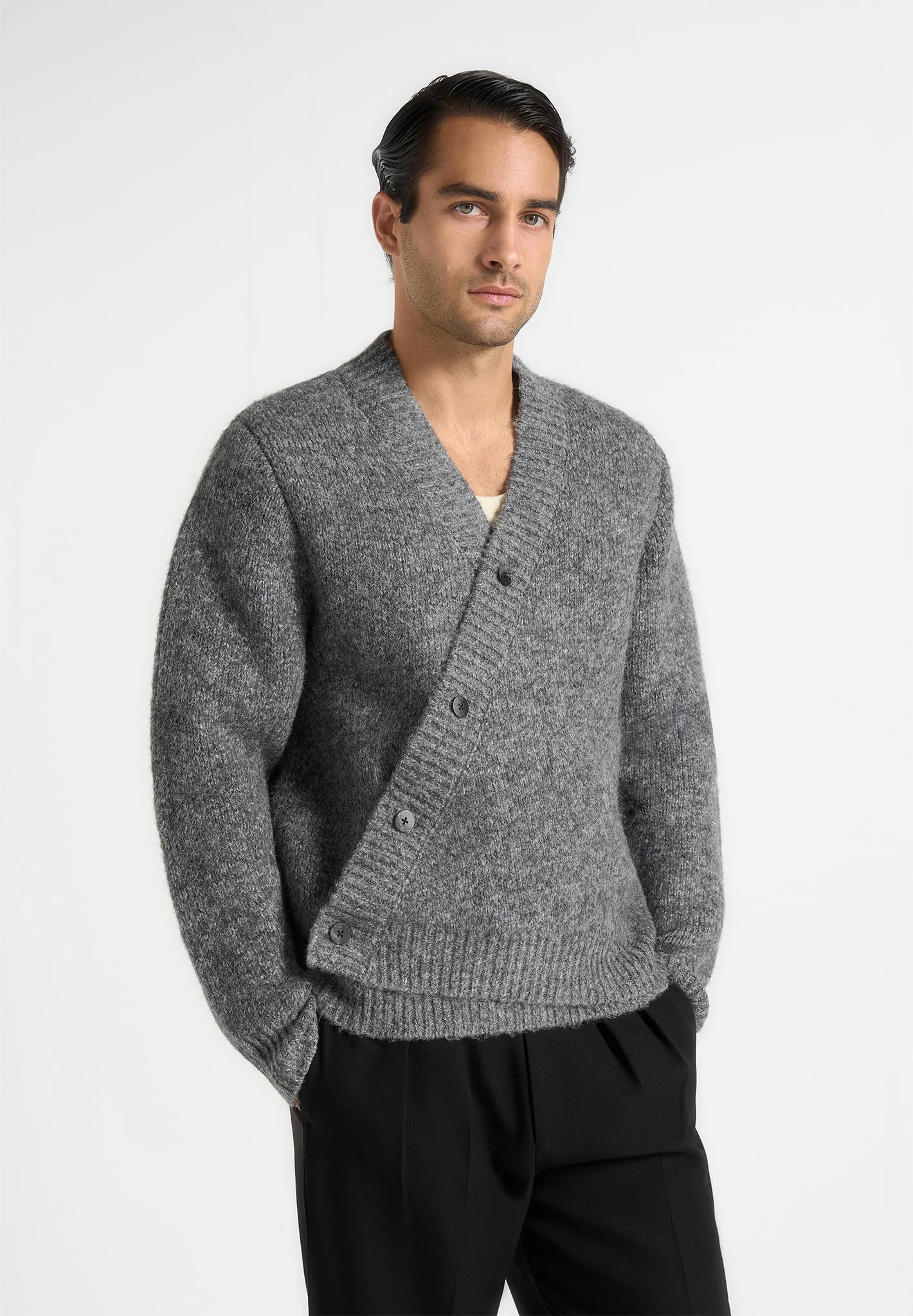 Dani - Unisex Asymmetric Brushed Knit Cardigan - Grey - Image 4