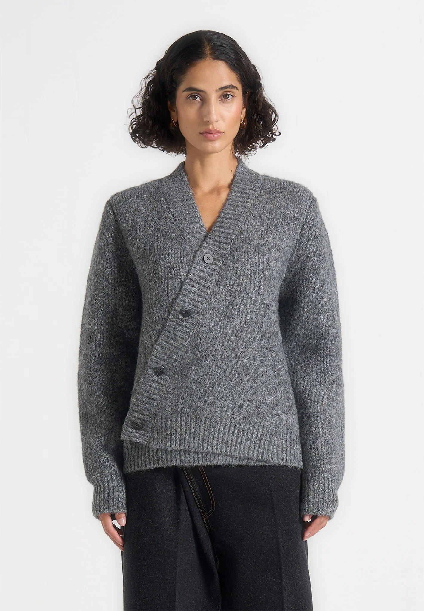 Dani - Unisex Asymmetric Brushed Knit Cardigan - Grey - Image 5